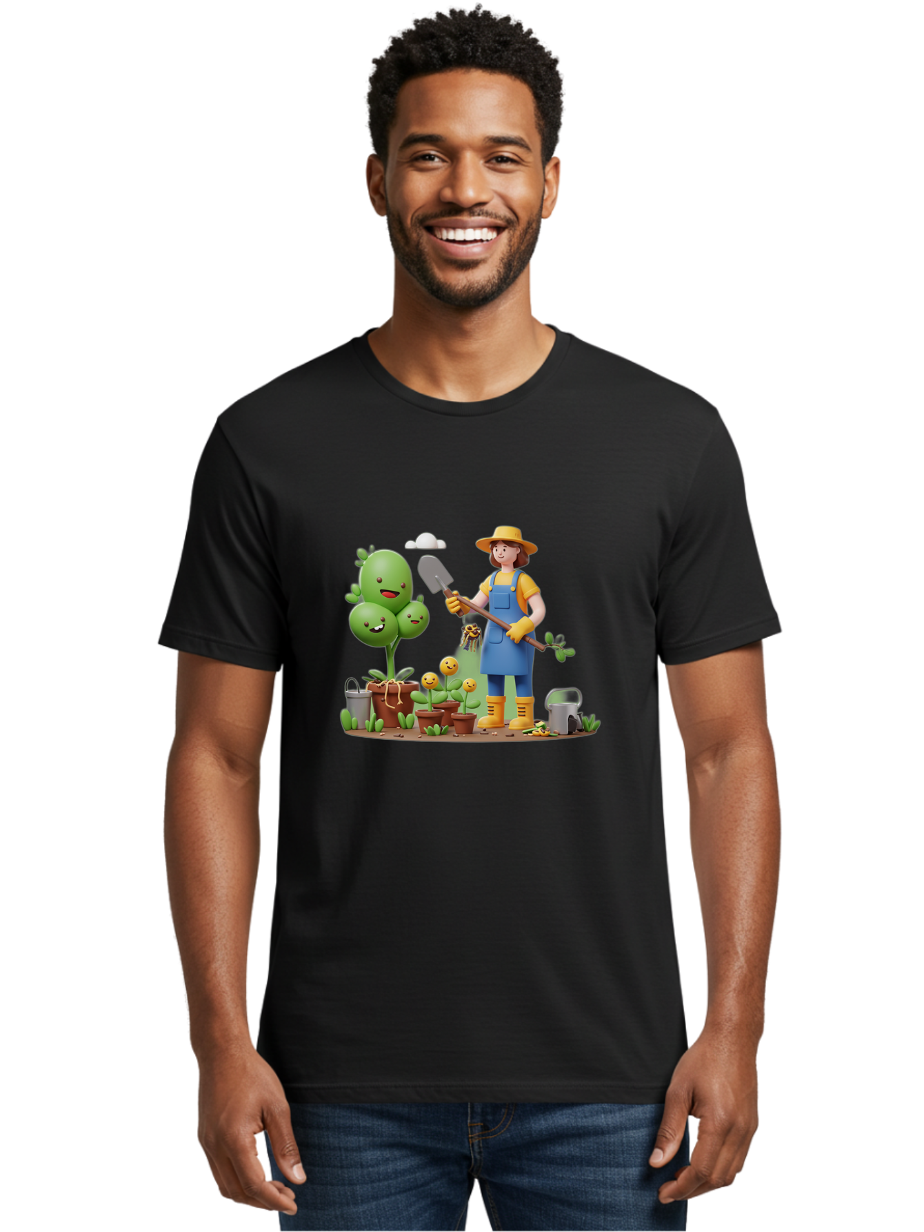 Gardener-With-Cartoon-Plants Men'S Graphic Tee, 100% Cotton, Comfortable Casual Summer Wear, Machine Washable, Cartoon Gardener, Gardening Tools, Potted Plants, Smiling Plants, Gardening Gloves, Watering Can, Gardening Overalls, Baa717 16