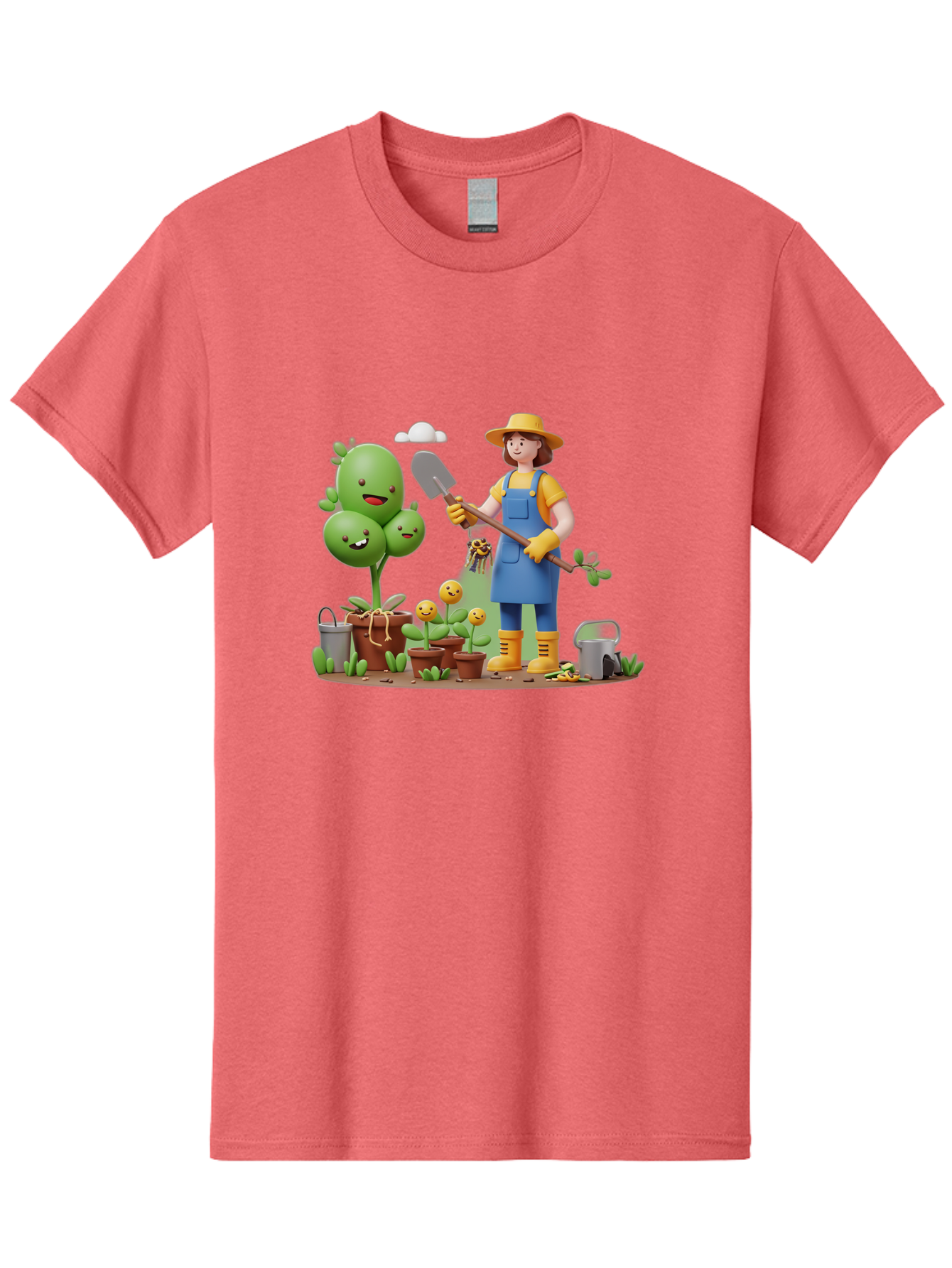 Gardener-With-Cartoon-Plants Men'S Graphic Tee, 100% Cotton, Comfortable Casual Summer Wear, Machine Washable, Cartoon Gardener, Gardening Tools, Potted Plants, Smiling Plants, Gardening Gloves, Watering Can, Gardening Overalls, Baa717 9