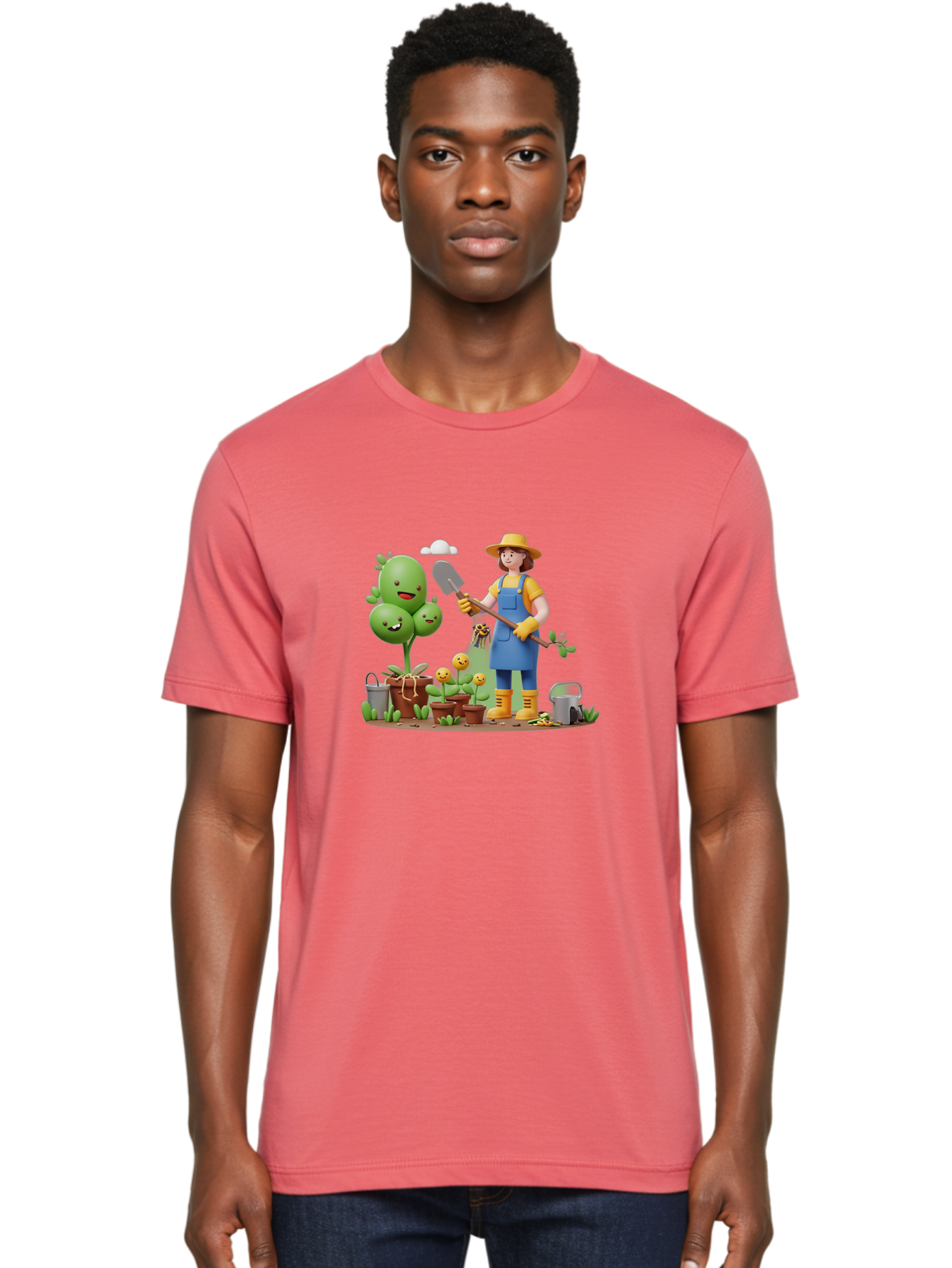 Gardener-With-Cartoon-Plants Men'S Graphic Tee, 100% Cotton, Comfortable Casual Summer Wear, Machine Washable, Cartoon Gardener, Gardening Tools, Potted Plants, Smiling Plants, Gardening Gloves, Watering Can, Gardening Overalls, Baa717 10