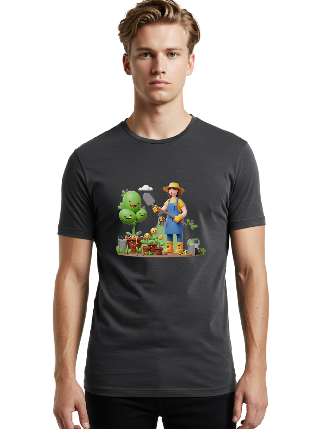 Gardener-With-Cartoon-Plants Men'S Graphic Tee, 100% Cotton, Comfortable Casual Summer Wear, Machine Washable, Cartoon Gardener, Gardening Tools, Potted Plants, Smiling Plants, Gardening Gloves, Watering Can, Gardening Overalls, Baa717 30