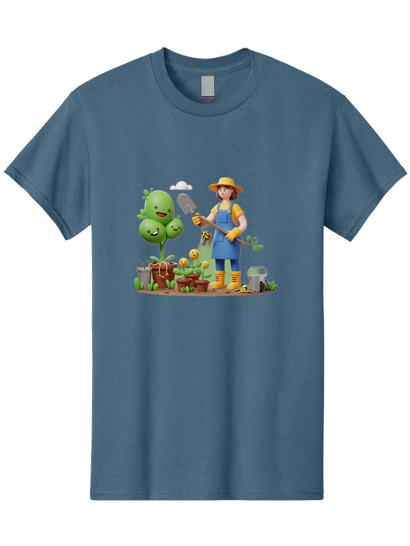 Gardener-With-Cartoon-Plants Men'S Graphic Tee, 100% Cotton, Comfortable Casual Summer Wear, Machine Washable, Cartoon Gardener, Gardening Tools, Potted Plants, Smiling Plants, Gardening Gloves, Watering Can, Gardening Overalls, Baa717 17