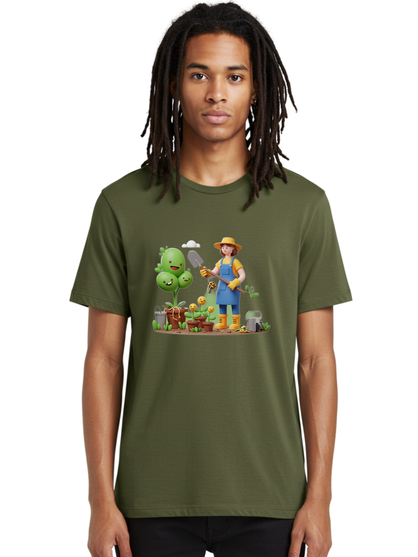 Gardener-With-Cartoon-Plants Men'S Graphic Tee, 100% Cotton, Comfortable Casual Summer Wear, Machine Washable, Cartoon Gardener, Gardening Tools, Potted Plants, Smiling Plants, Gardening Gloves, Watering Can, Gardening Overalls, Baa717 28