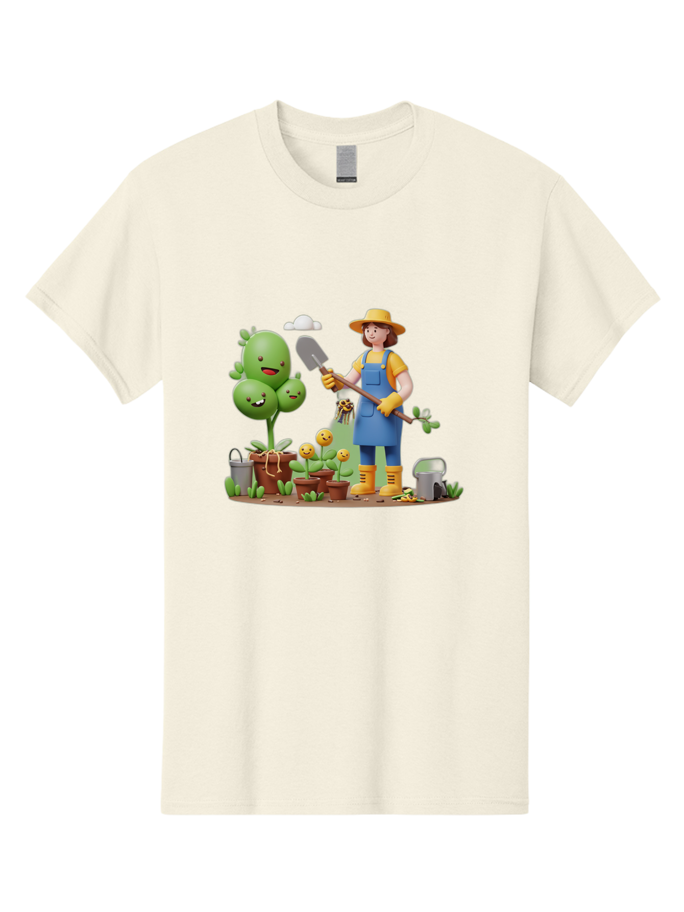 Gardener-With-Cartoon-Plants Men'S Graphic Tee, 100% Cotton, Comfortable Casual Summer Wear, Machine Washable, Cartoon Gardener, Gardening Tools, Potted Plants, Smiling Plants, Gardening Gloves, Watering Can, Gardening Overalls, Baa717 13