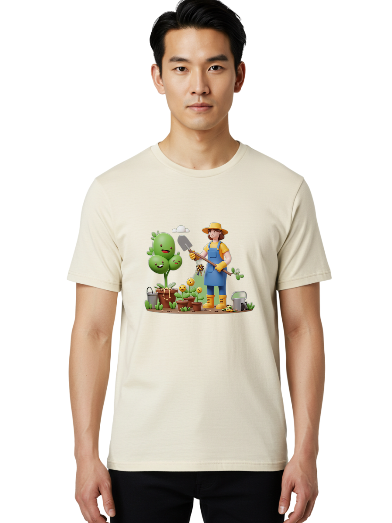 Gardener-With-Cartoon-Plants Men'S Graphic Tee, 100% Cotton, Comfortable Casual Summer Wear, Machine Washable, Cartoon Gardener, Gardening Tools, Potted Plants, Smiling Plants, Gardening Gloves, Watering Can, Gardening Overalls, Baa717 14