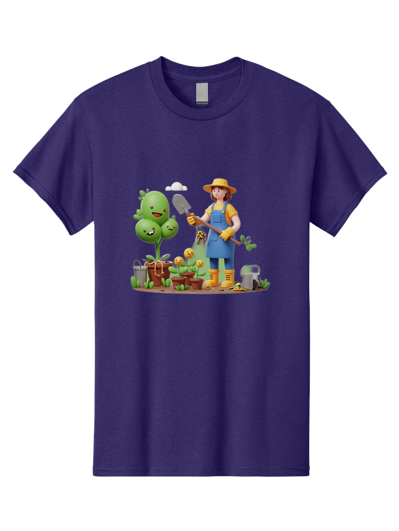 Gardener-With-Cartoon-Plants Men'S Graphic Tee, 100% Cotton, Comfortable Casual Summer Wear, Machine Washable, Cartoon Gardener, Gardening Tools, Potted Plants, Smiling Plants, Gardening Gloves, Watering Can, Gardening Overalls, Baa717 3