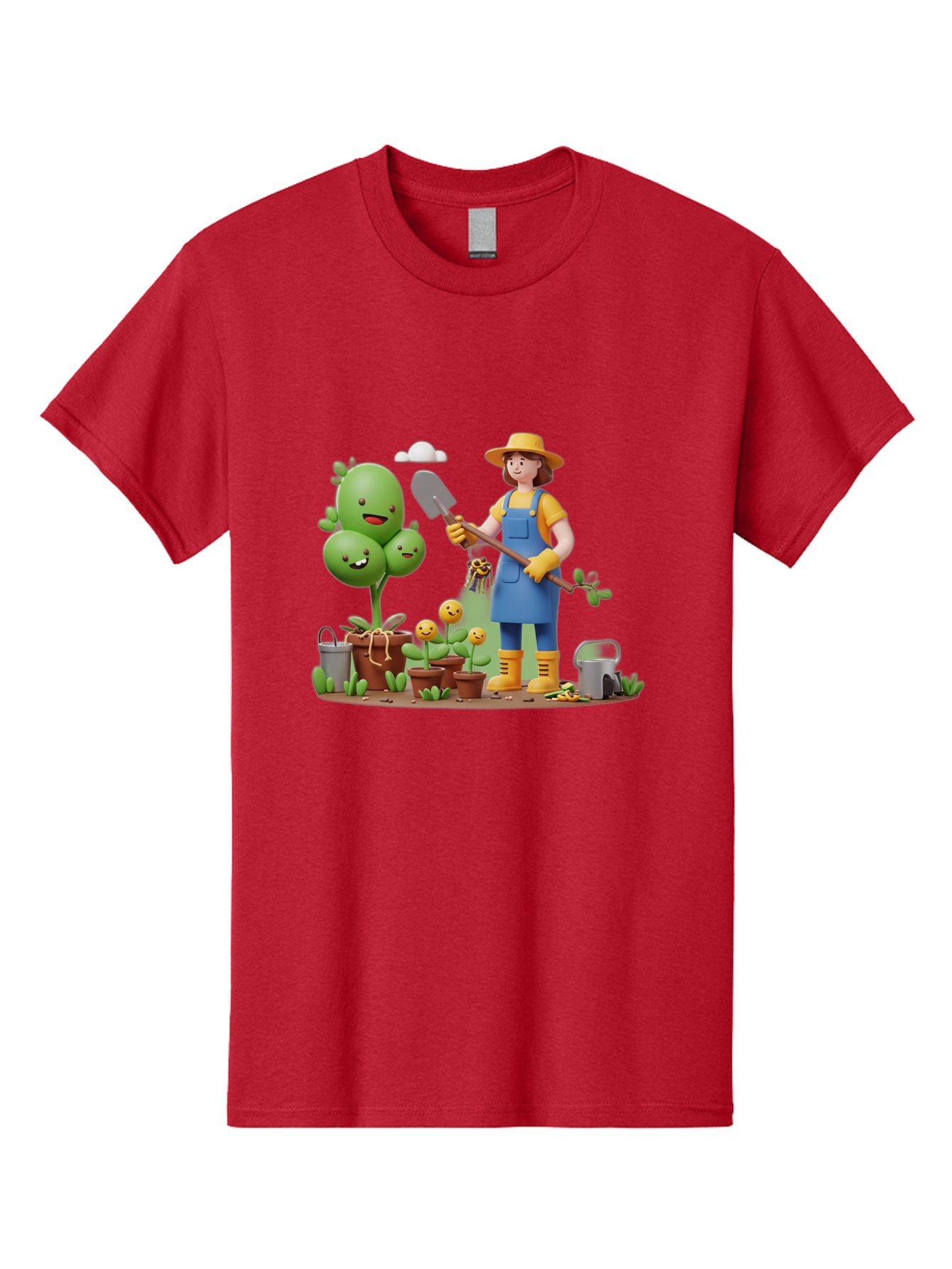 Gardener-With-Cartoon-Plants Men'S Graphic Tee, 100% Cotton, Comfortable Casual Summer Wear, Machine Washable, Cartoon Gardener, Gardening Tools, Potted Plants, Smiling Plants, Gardening Gloves, Watering Can, Gardening Overalls, Baa717 21