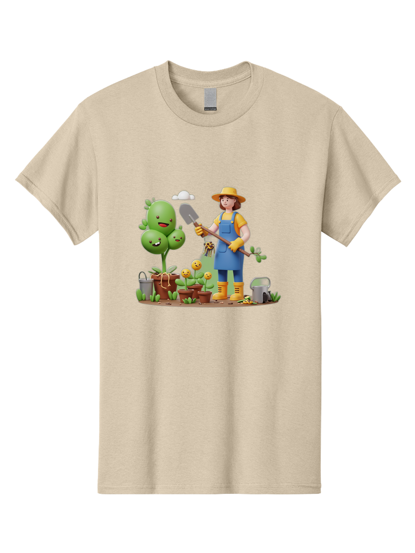 Gardener-With-Cartoon-Plants Men'S Graphic Tee, 100% Cotton, Comfortable Casual Summer Wear, Machine Washable, Cartoon Gardener, Gardening Tools, Potted Plants, Smiling Plants, Gardening Gloves, Watering Can, Gardening Overalls, Baa717 23