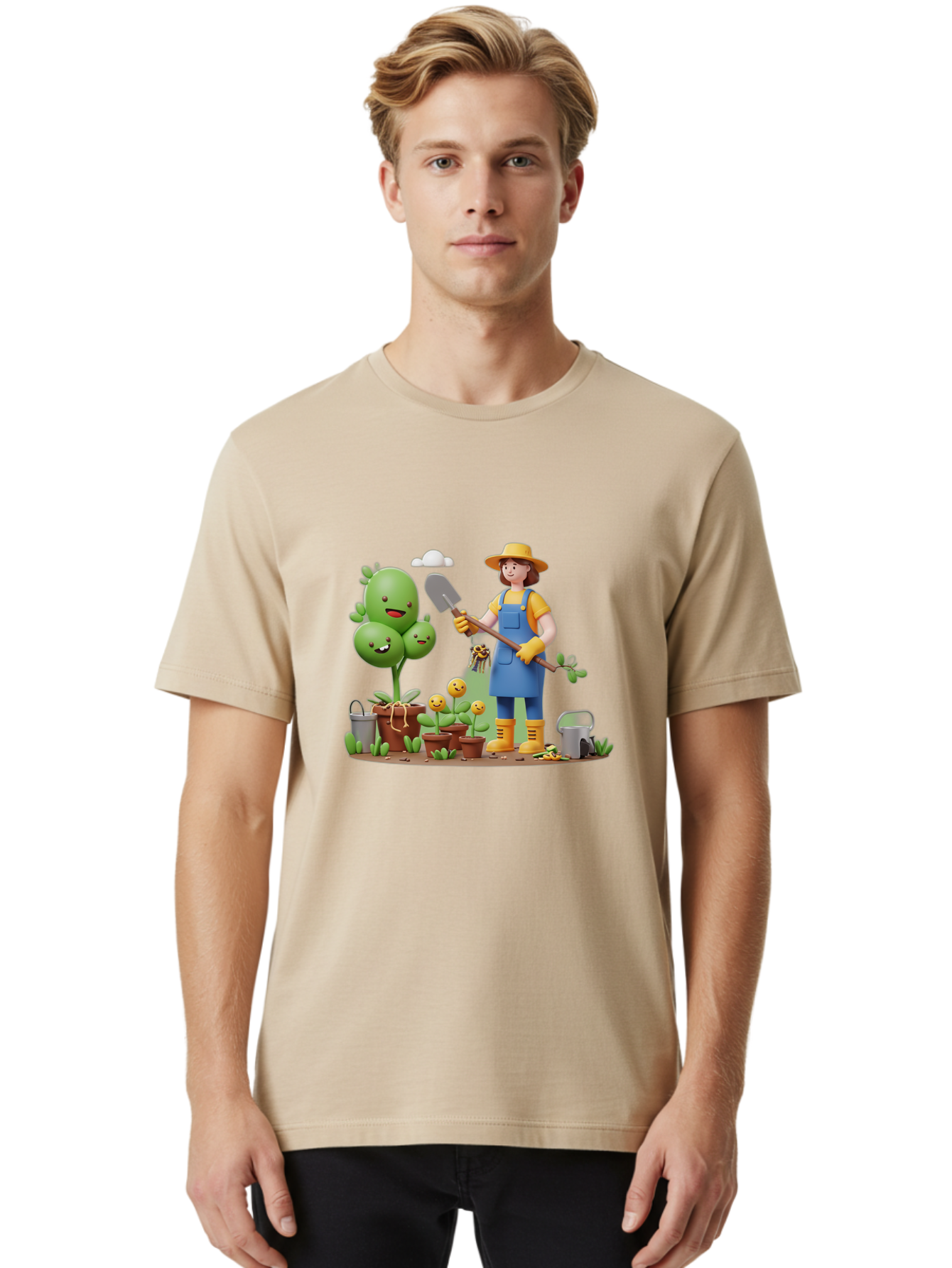 Gardener-With-Cartoon-Plants Men'S Graphic Tee, 100% Cotton, Comfortable Casual Summer Wear, Machine Washable, Cartoon Gardener, Gardening Tools, Potted Plants, Smiling Plants, Gardening Gloves, Watering Can, Gardening Overalls, Baa717 24
