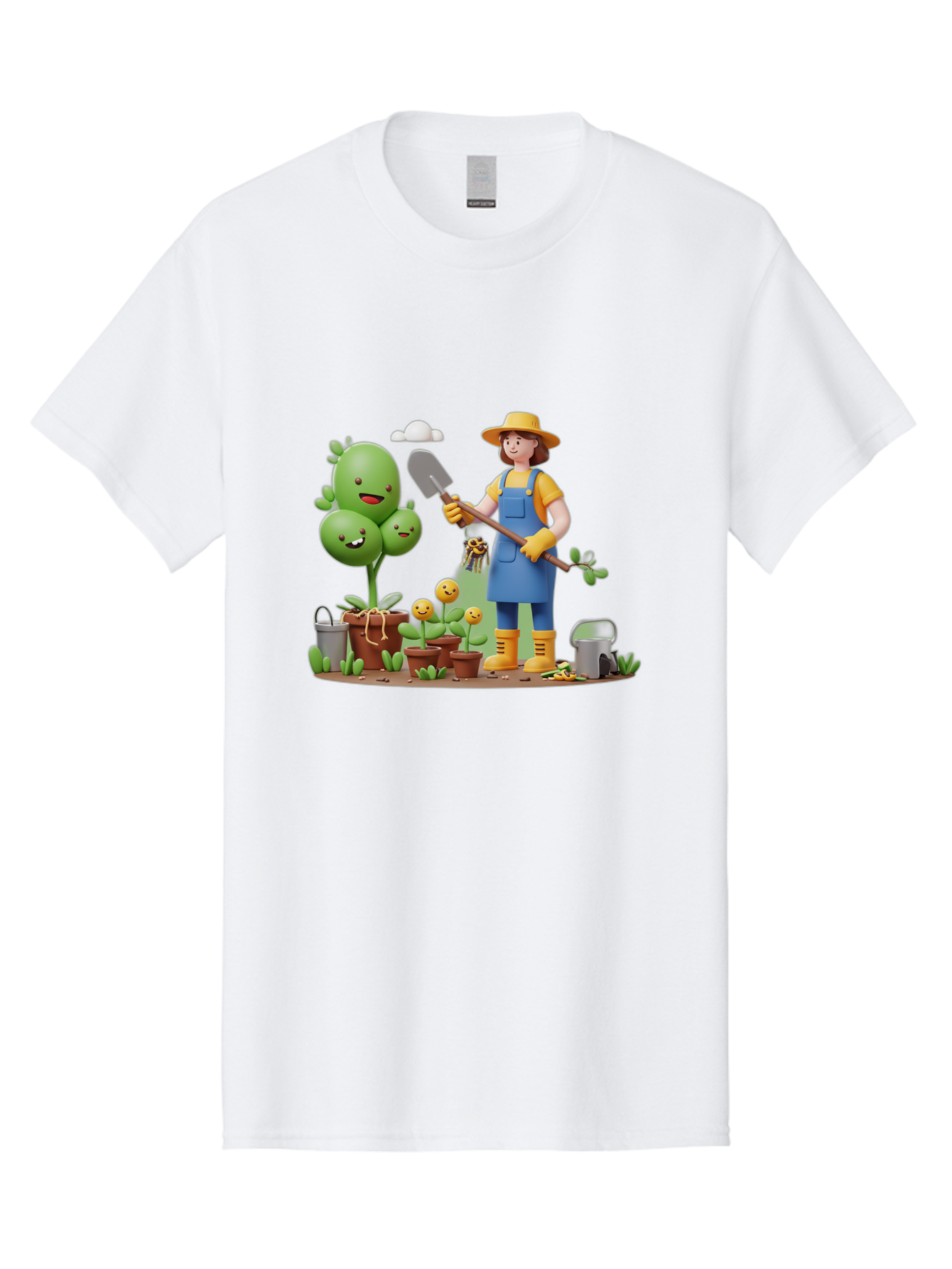 Gardener-With-Cartoon-Plants Men'S Graphic Tee, 100% Cotton, Comfortable Casual Summer Wear, Machine Washable, Cartoon Gardener, Gardening Tools, Potted Plants, Smiling Plants, Gardening Gloves, Watering Can, Gardening Overalls, Baa717 5