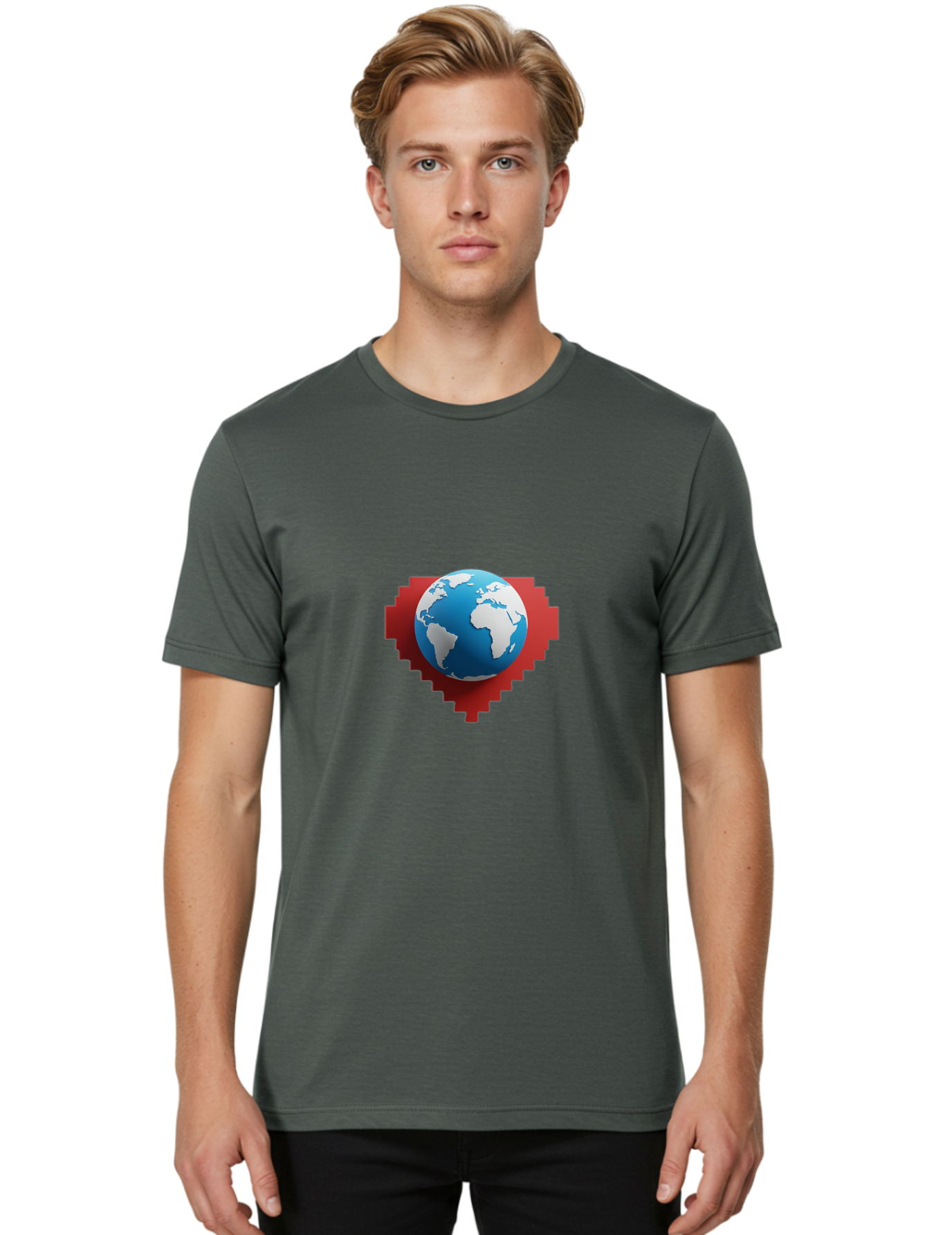 Globe-4 Men'S Graphic Tee, 100% Cotton, Comfortable Casual Summer Wear, Machine Washable, Globe Centered On Red Heart, Global Unity, Love For Earth, World Harmony, Digital Illustration, 3D Globe, Heart Shape, International Cooperation, Baa744 28