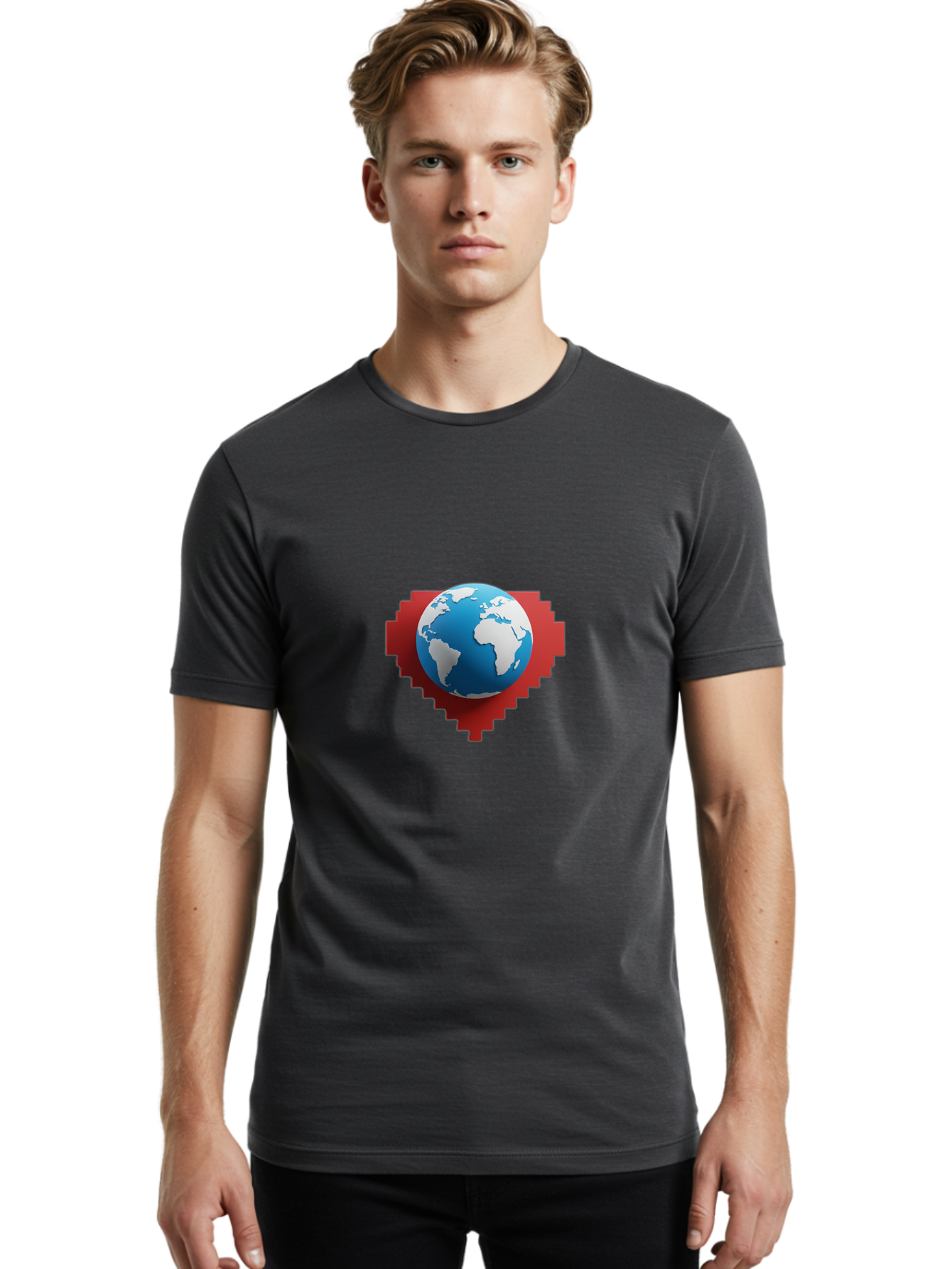 Globe-4 Men'S Graphic Tee, 100% Cotton, Comfortable Casual Summer Wear, Machine Washable, Globe Centered On Red Heart, Global Unity, Love For Earth, World Harmony, Digital Illustration, 3D Globe, Heart Shape, International Cooperation, Baa744 24