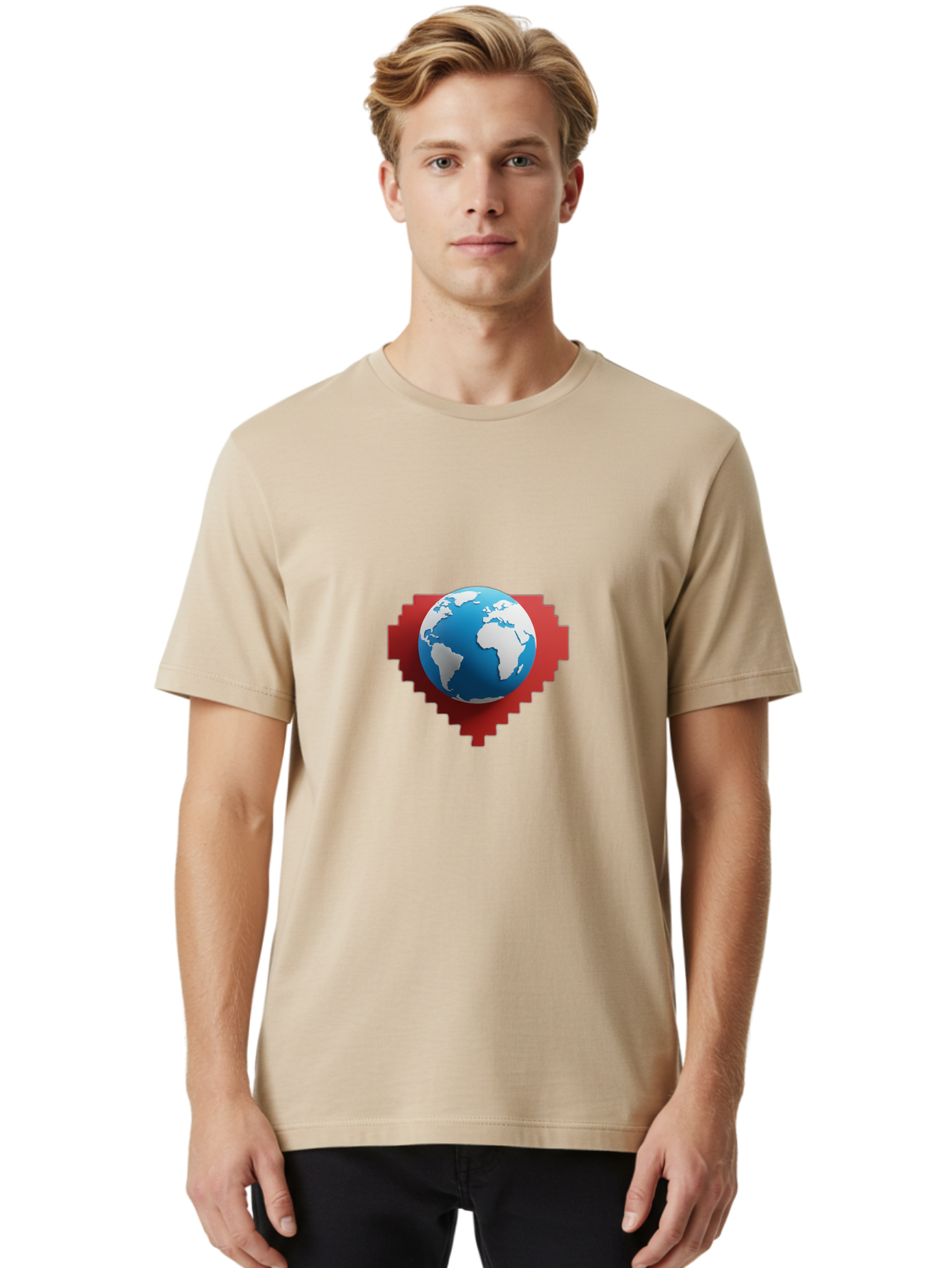 Globe-4 Men'S Graphic Tee, 100% Cotton, Comfortable Casual Summer Wear, Machine Washable, Globe Centered On Red Heart, Global Unity, Love For Earth, World Harmony, Digital Illustration, 3D Globe, Heart Shape, International Cooperation, Baa744 8