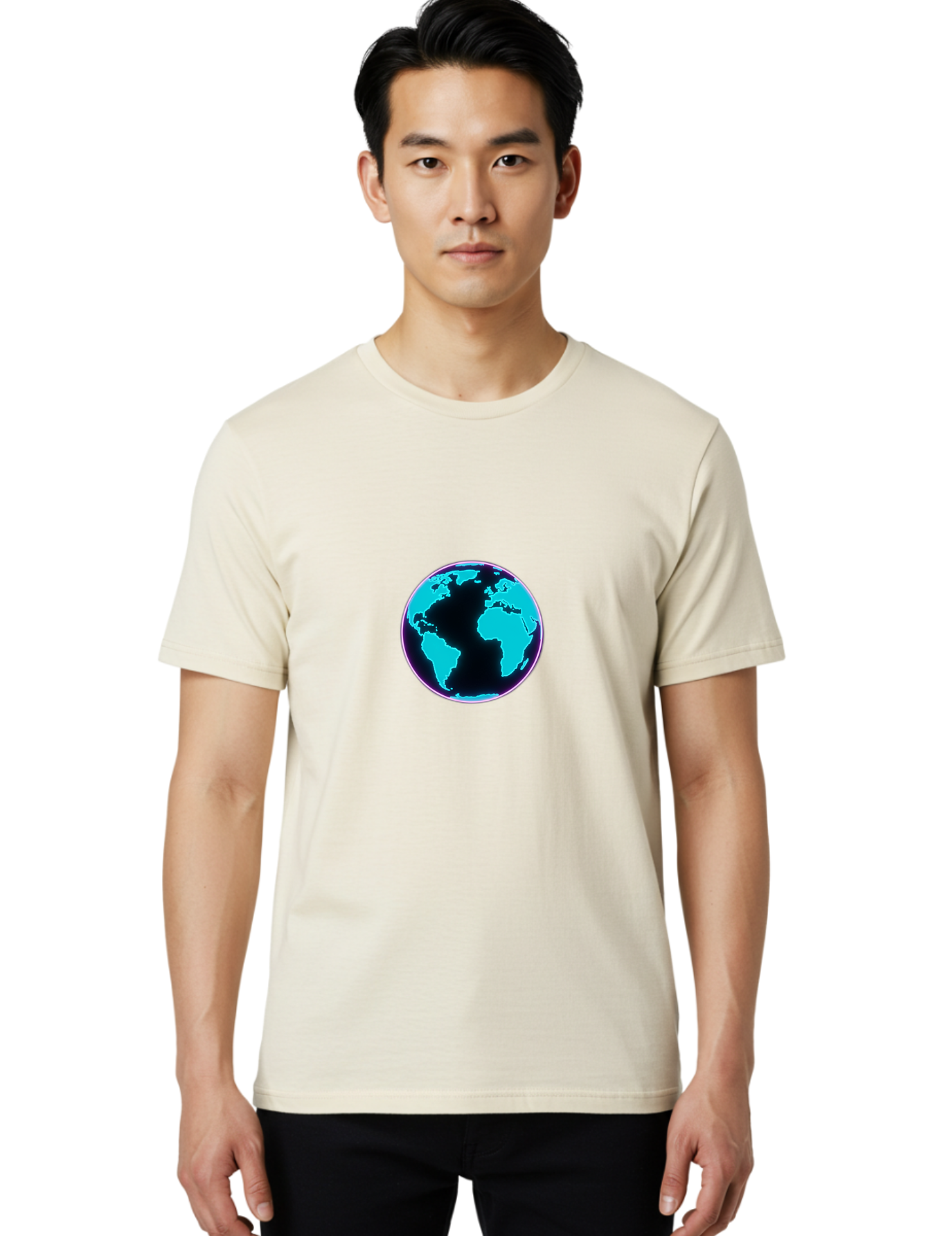 Globe-9 Men'S Graphic Tee, 100% Cotton, Comfortable Casual Summer Wear, Machine Washable, Globe, World Map, Blue And Black Silhouette, Centered, Visual Representation, Earth'S Surface, Americas Centered, Pink Outline, Modern Design, Baa749 14