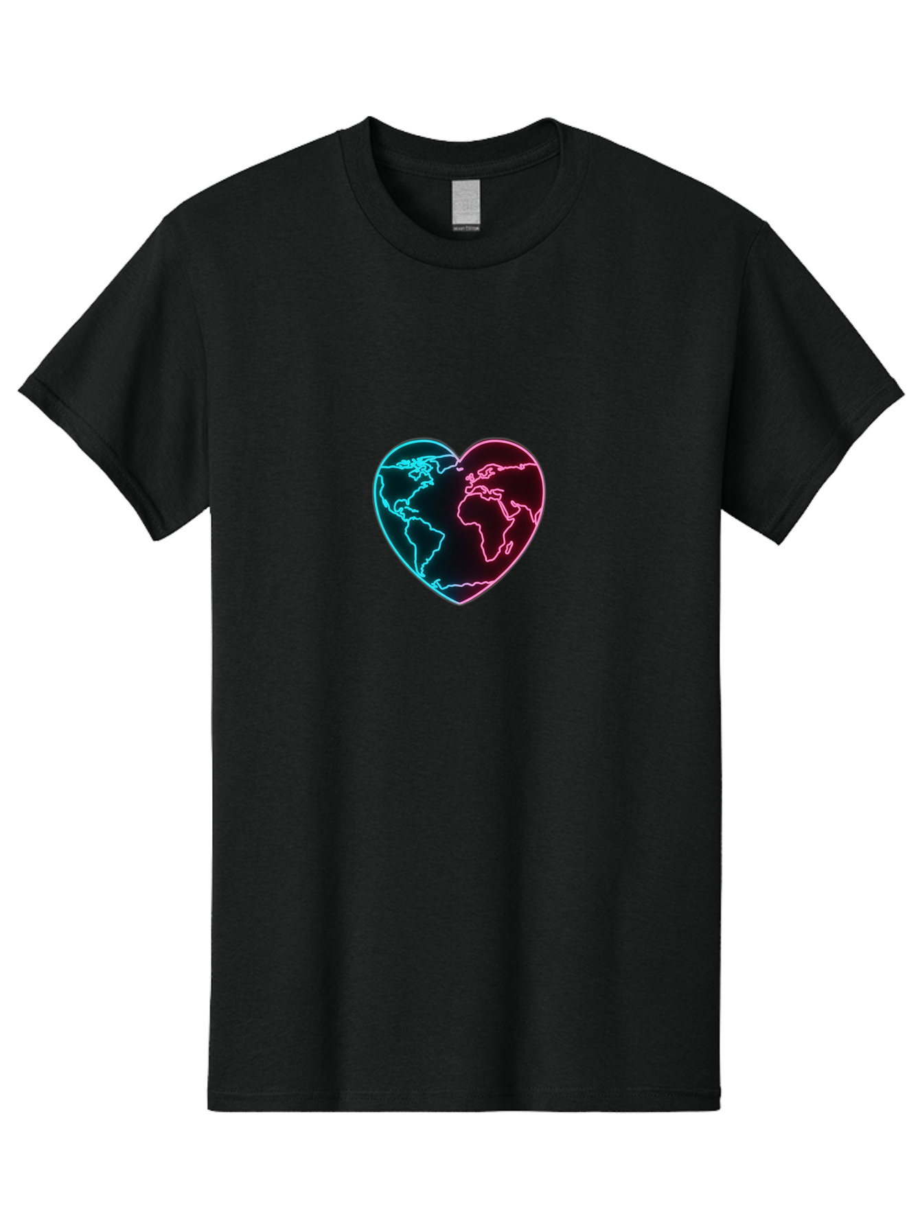 Globe-Heart Men'S Graphic Tee, 100% Cotton, Comfortable Casual Summer Wear, Machine Washable, Glowing World Map, Heart Shape, Neon Light, Global Unity, Love For The Planet, Blue And Pink Glow, Futuristic Design, Symbolic Representation Baa750 23