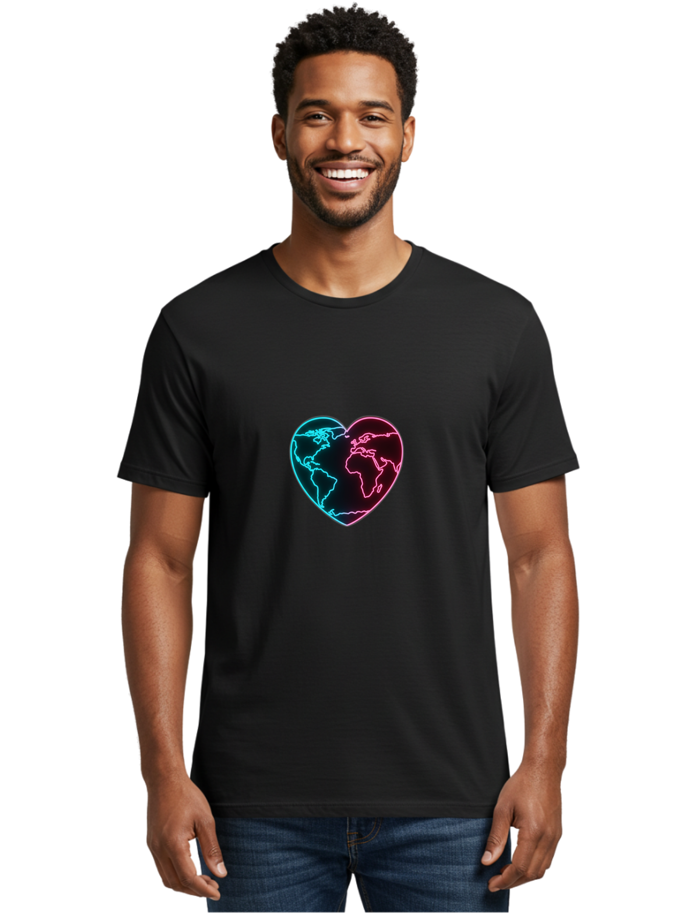 Globe-Heart Men'S Graphic Tee, 100% Cotton, Comfortable Casual Summer Wear, Machine Washable, Glowing World Map, Heart Shape, Neon Light, Global Unity, Love For The Planet, Blue And Pink Glow, Futuristic Design, Symbolic Representation Baa750 24