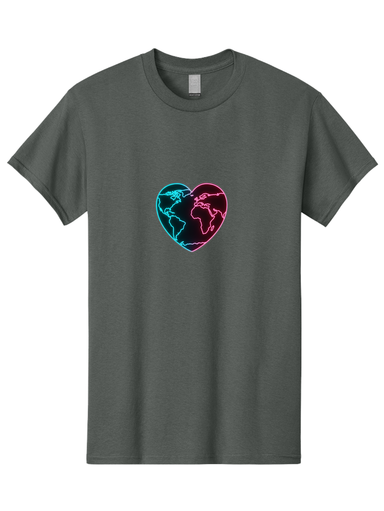Globe-Heart Men'S Graphic Tee, 100% Cotton, Comfortable Casual Summer Wear, Machine Washable, Glowing World Map, Heart Shape, Neon Light, Global Unity, Love For The Planet, Blue And Pink Glow, Futuristic Design, Symbolic Representation Baa750 11