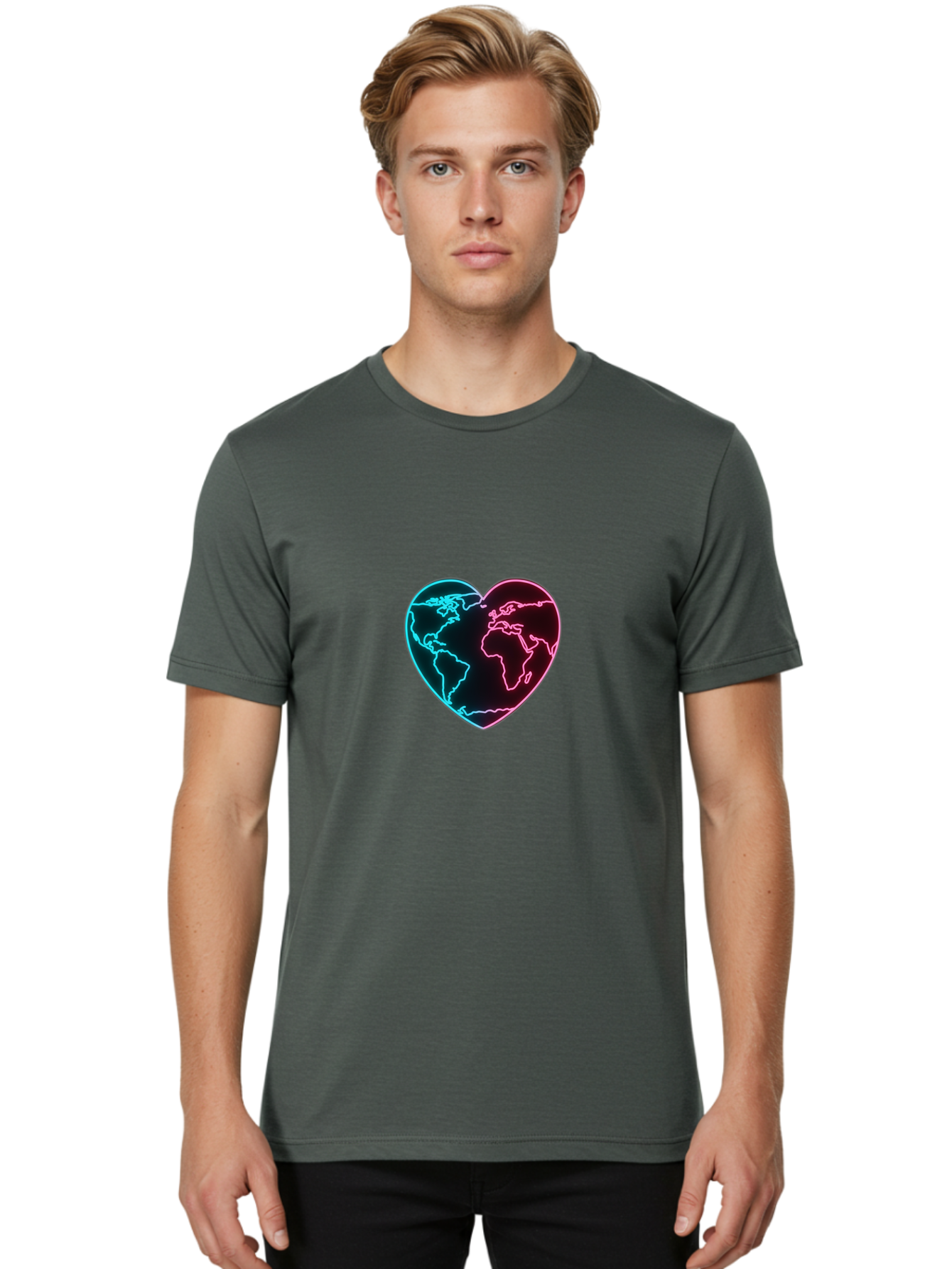 Globe-Heart Men'S Graphic Tee, 100% Cotton, Comfortable Casual Summer Wear, Machine Washable, Glowing World Map, Heart Shape, Neon Light, Global Unity, Love For The Planet, Blue And Pink Glow, Futuristic Design, Symbolic Representation Baa750 12