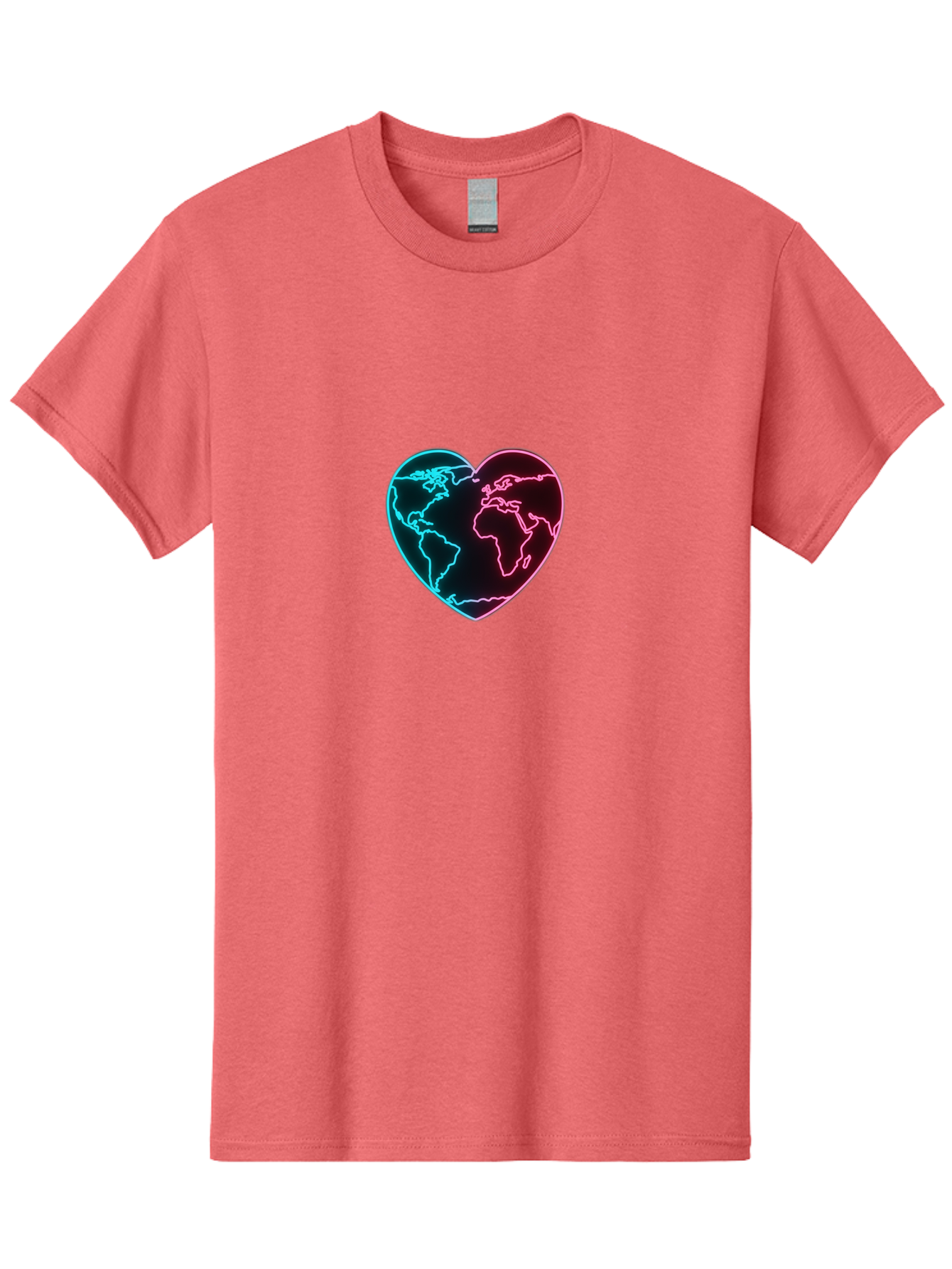 Globe-Heart Men'S Graphic Tee, 100% Cotton, Comfortable Casual Summer Wear, Machine Washable, Glowing World Map, Heart Shape, Neon Light, Global Unity, Love For The Planet, Blue And Pink Glow, Futuristic Design, Symbolic Representation Baa750 9