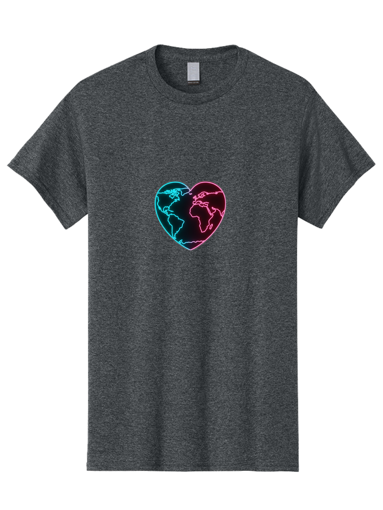 Globe-Heart Men'S Graphic Tee, 100% Cotton, Comfortable Casual Summer Wear, Machine Washable, Glowing World Map, Heart Shape, Neon Light, Global Unity, Love For The Planet, Blue And Pink Glow, Futuristic Design, Symbolic Representation Baa750 17