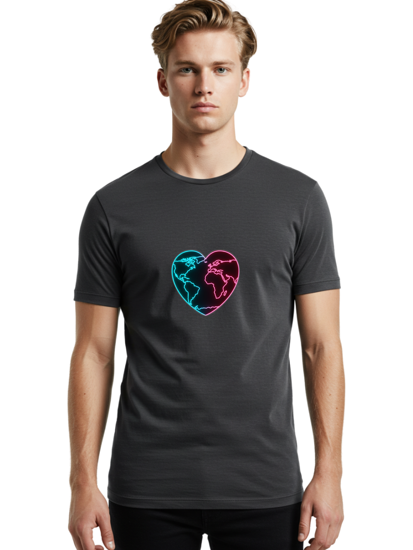 Globe-Heart Men'S Graphic Tee, 100% Cotton, Comfortable Casual Summer Wear, Machine Washable, Glowing World Map, Heart Shape, Neon Light, Global Unity, Love For The Planet, Blue And Pink Glow, Futuristic Design, Symbolic Representation Baa750 18