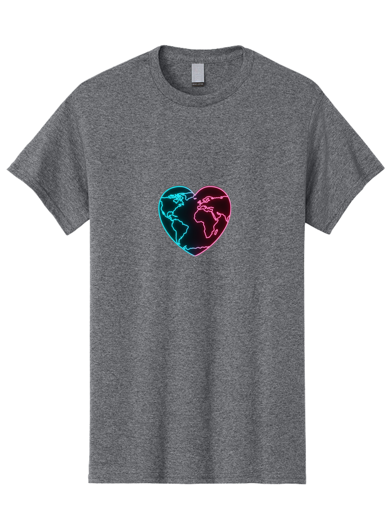 Globe-Heart Men'S Graphic Tee, 100% Cotton, Comfortable Casual Summer Wear, Machine Washable, Glowing World Map, Heart Shape, Neon Light, Global Unity, Love For The Planet, Blue And Pink Glow, Futuristic Design, Symbolic Representation Baa750 27