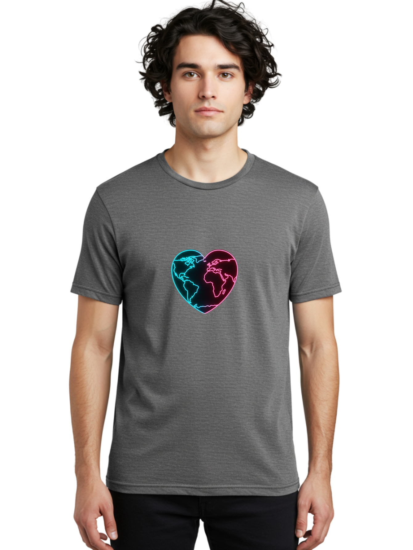Globe-Heart Men'S Graphic Tee, 100% Cotton, Comfortable Casual Summer Wear, Machine Washable, Glowing World Map, Heart Shape, Neon Light, Global Unity, Love For The Planet, Blue And Pink Glow, Futuristic Design, Symbolic Representation Baa750 28
