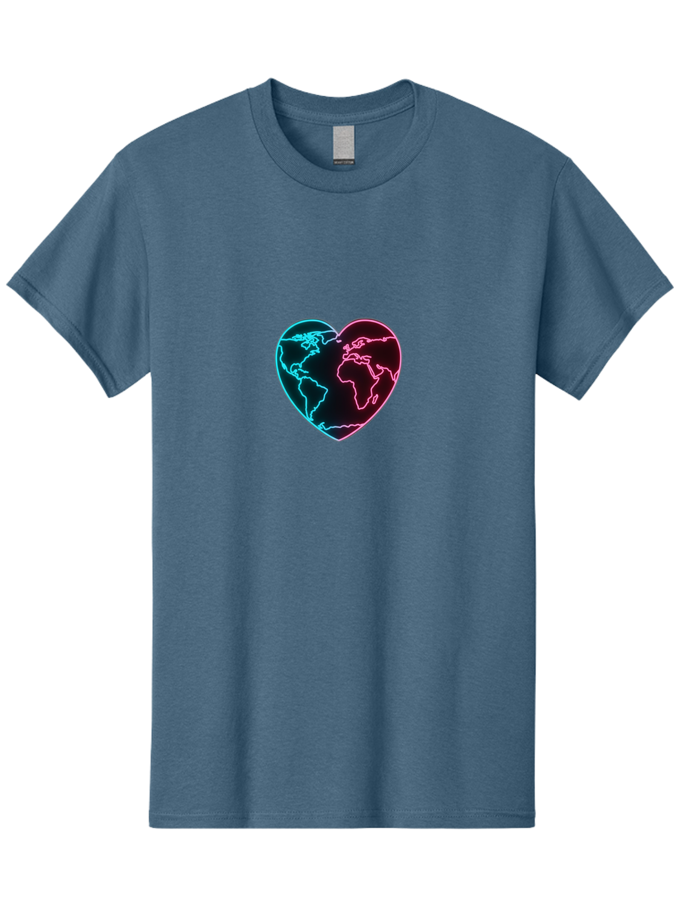 Globe-Heart Men'S Graphic Tee, 100% Cotton, Comfortable Casual Summer Wear, Machine Washable, Glowing World Map, Heart Shape, Neon Light, Global Unity, Love For The Planet, Blue And Pink Glow, Futuristic Design, Symbolic Representation Baa750 19