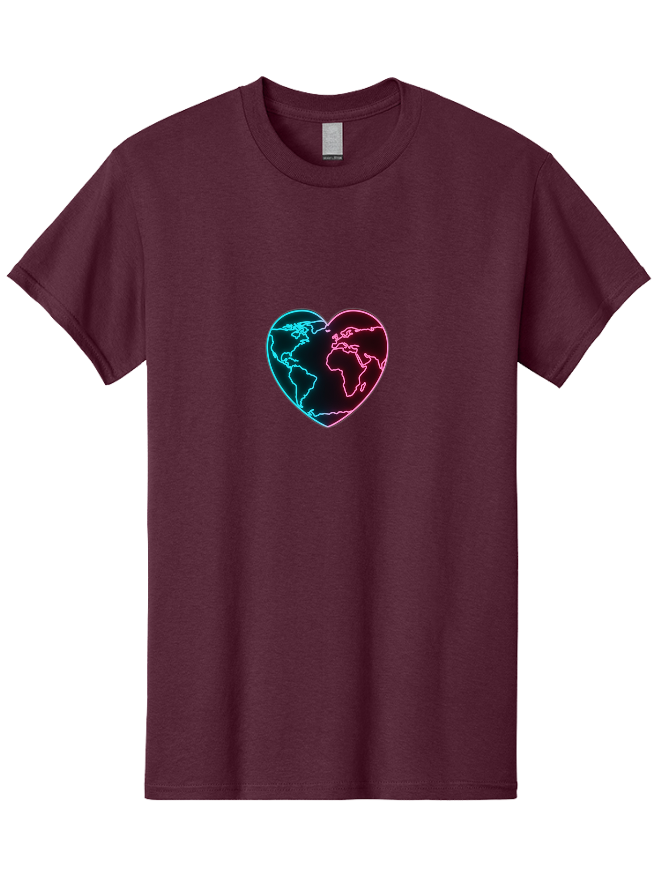 Globe-Heart Men'S Graphic Tee, 100% Cotton, Comfortable Casual Summer Wear, Machine Washable, Glowing World Map, Heart Shape, Neon Light, Global Unity, Love For The Planet, Blue And Pink Glow, Futuristic Design, Symbolic Representation Baa750 5