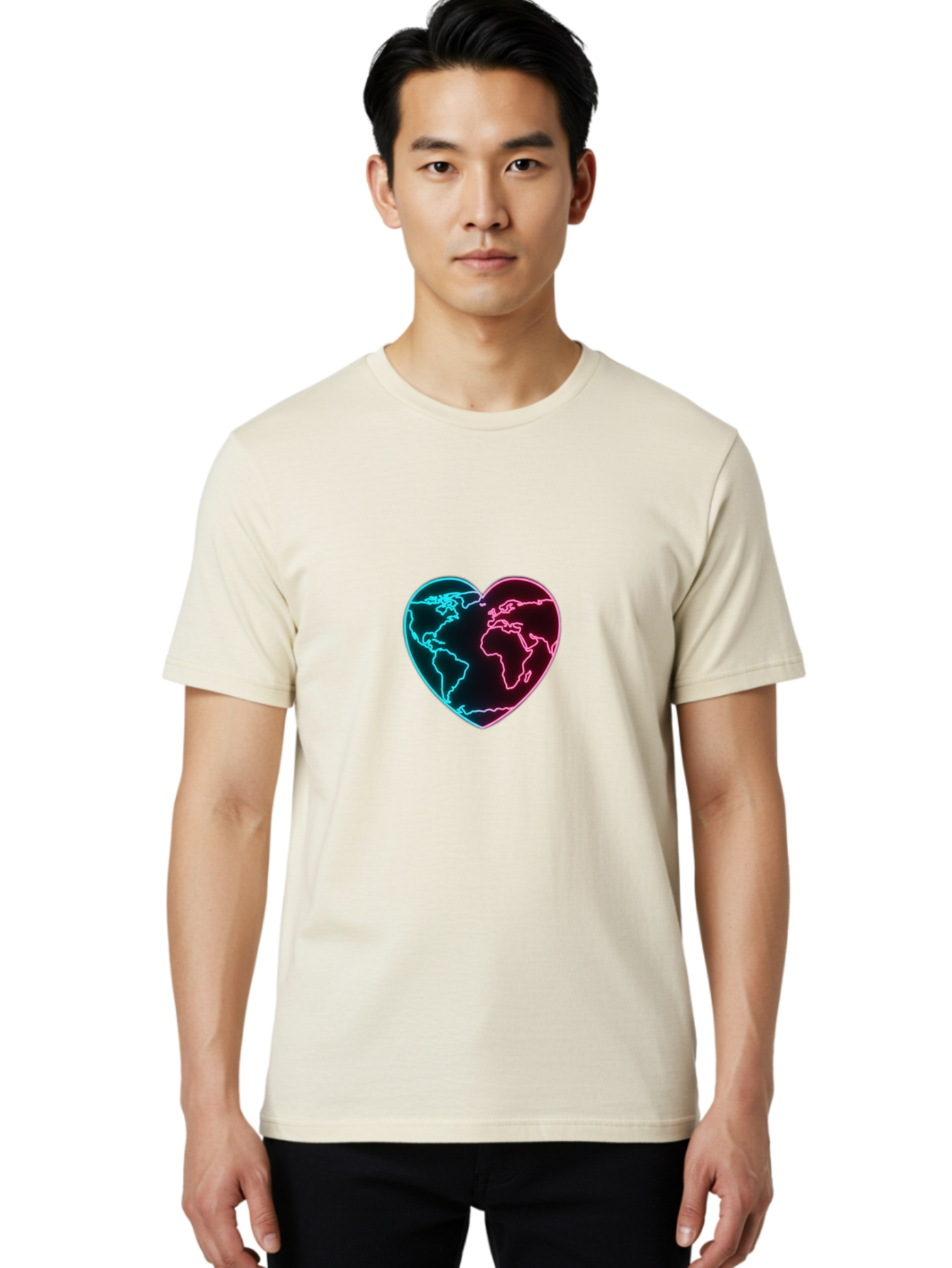 Globe-Heart Men'S Graphic Tee, 100% Cotton, Comfortable Casual Summer Wear, Machine Washable, Glowing World Map, Heart Shape, Neon Light, Global Unity, Love For The Planet, Blue And Pink Glow, Futuristic Design, Symbolic Representation Baa750 26