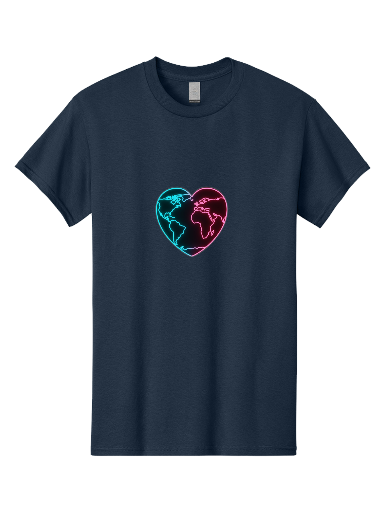 Globe-Heart Men'S Graphic Tee, 100% Cotton, Comfortable Casual Summer Wear, Machine Washable, Glowing World Map, Heart Shape, Neon Light, Global Unity, Love For The Planet, Blue And Pink Glow, Futuristic Design, Symbolic Representation Baa750 7
