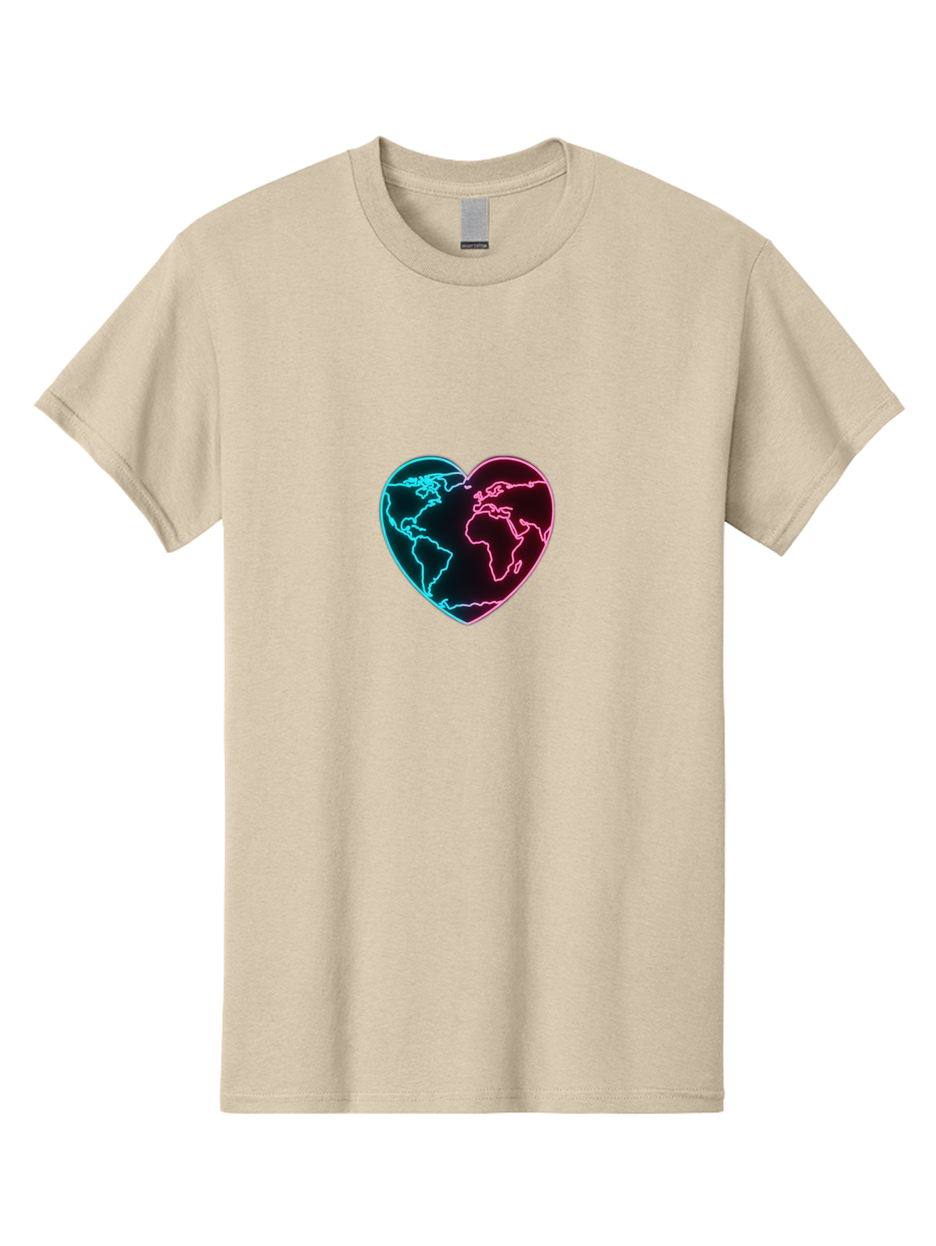 Globe-Heart Men'S Graphic Tee, 100% Cotton, Comfortable Casual Summer Wear, Machine Washable, Glowing World Map, Heart Shape, Neon Light, Global Unity, Love For The Planet, Blue And Pink Glow, Futuristic Design, Symbolic Representation Baa750 3