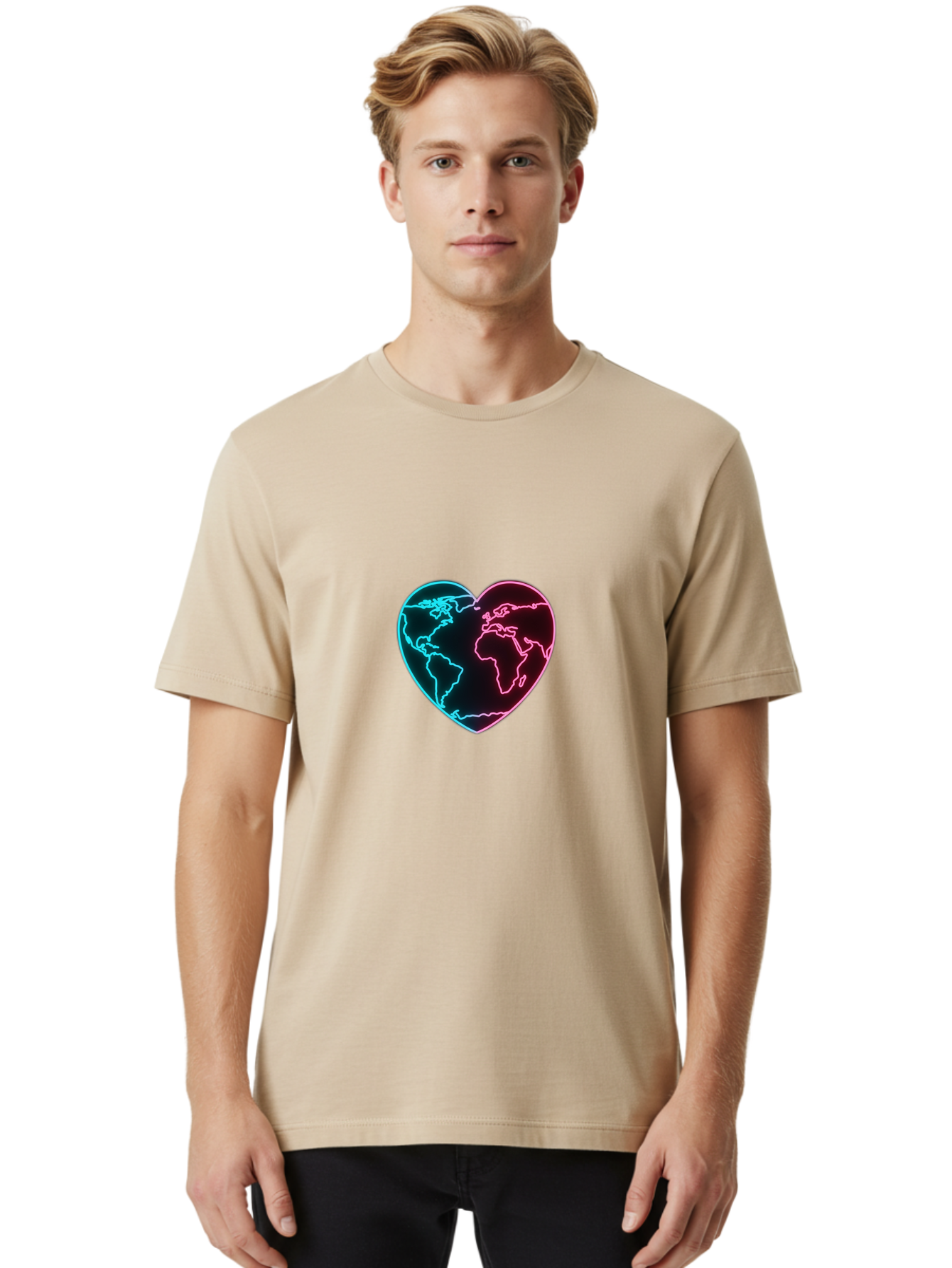 Globe-Heart Men'S Graphic Tee, 100% Cotton, Comfortable Casual Summer Wear, Machine Washable, Glowing World Map, Heart Shape, Neon Light, Global Unity, Love For The Planet, Blue And Pink Glow, Futuristic Design, Symbolic Representation Baa750 4