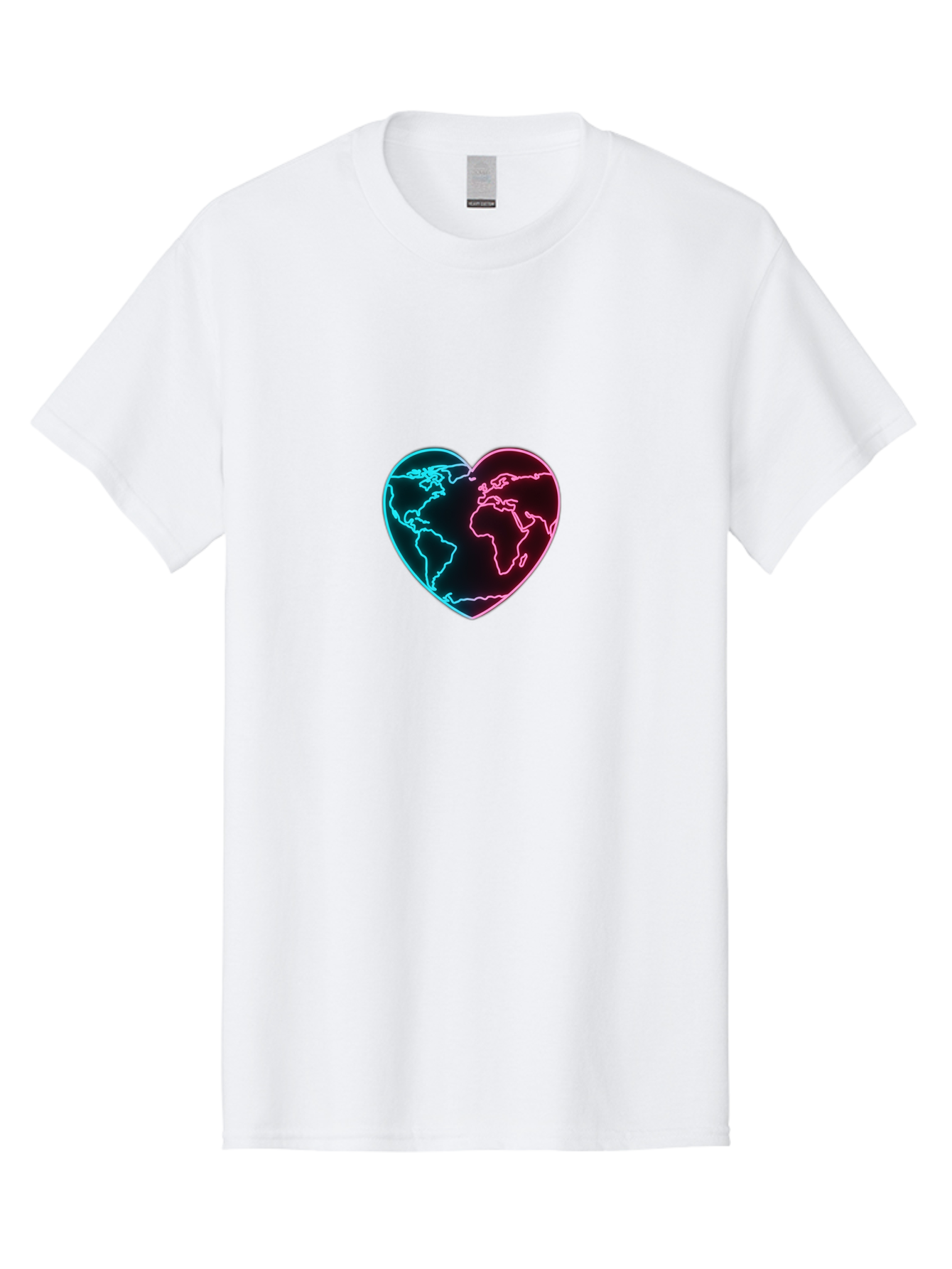 Globe-Heart Men'S Graphic Tee, 100% Cotton, Comfortable Casual Summer Wear, Machine Washable, Glowing World Map, Heart Shape, Neon Light, Global Unity, Love For The Planet, Blue And Pink Glow, Futuristic Design, Symbolic Representation Baa750 21