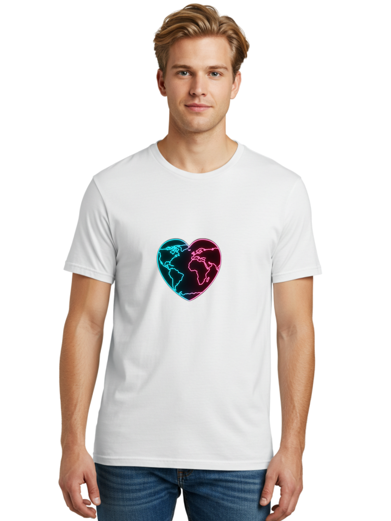 Globe-Heart Men'S Graphic Tee, 100% Cotton, Comfortable Casual Summer Wear, Machine Washable, Glowing World Map, Heart Shape, Neon Light, Global Unity, Love For The Planet, Blue And Pink Glow, Futuristic Design, Symbolic Representation Baa750 22