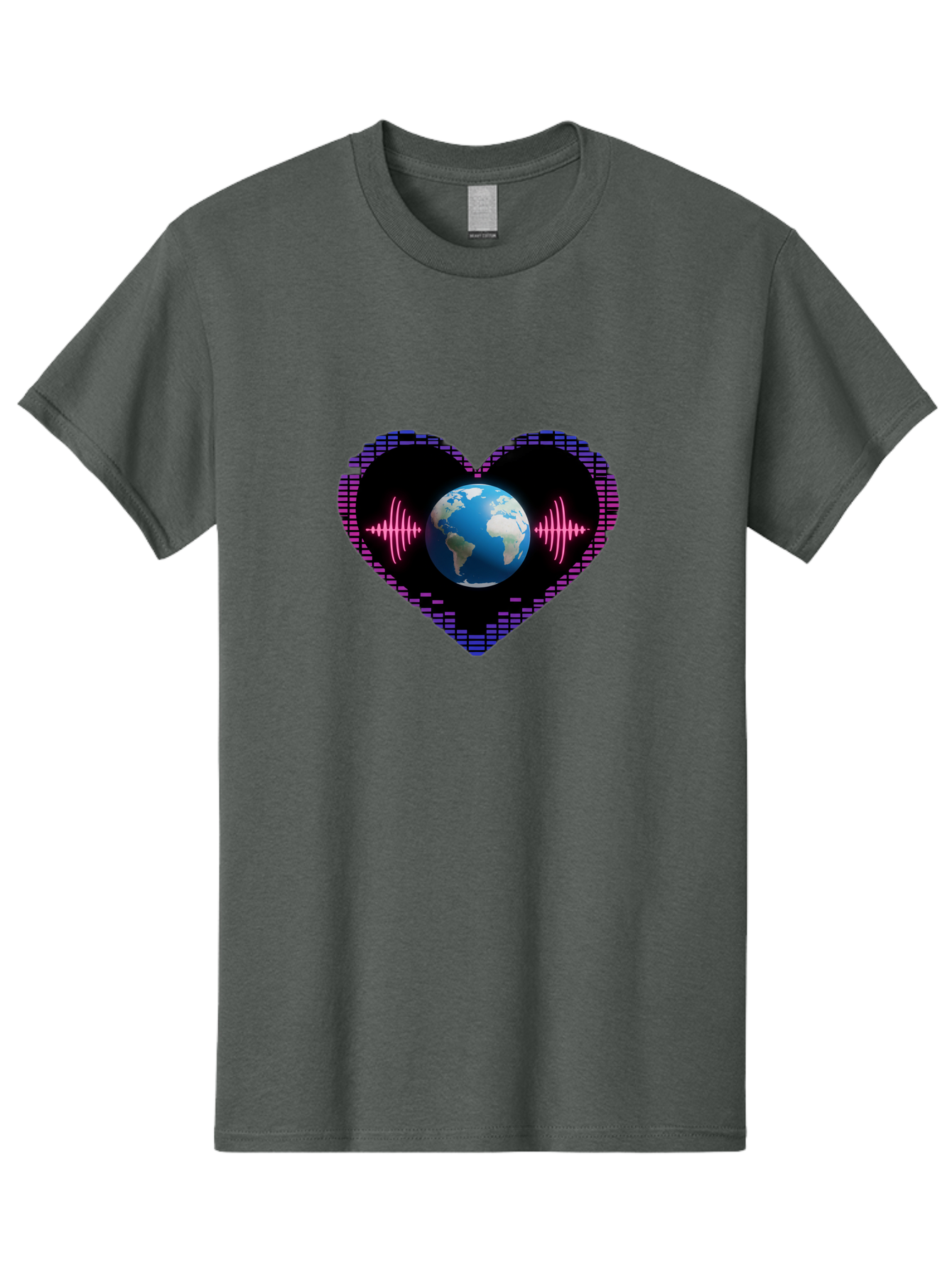 Globe-Heartbeat Men'S Graphic Tee, 100% Cotton, Comfortable Casual Summer Wear, Machine Washable, Globe In Heart Shape, Digital Graphic, Sound Wave, Earth Love, Global Unity, Tech Art, Futuristic Design, Pixel Art Baa751 23