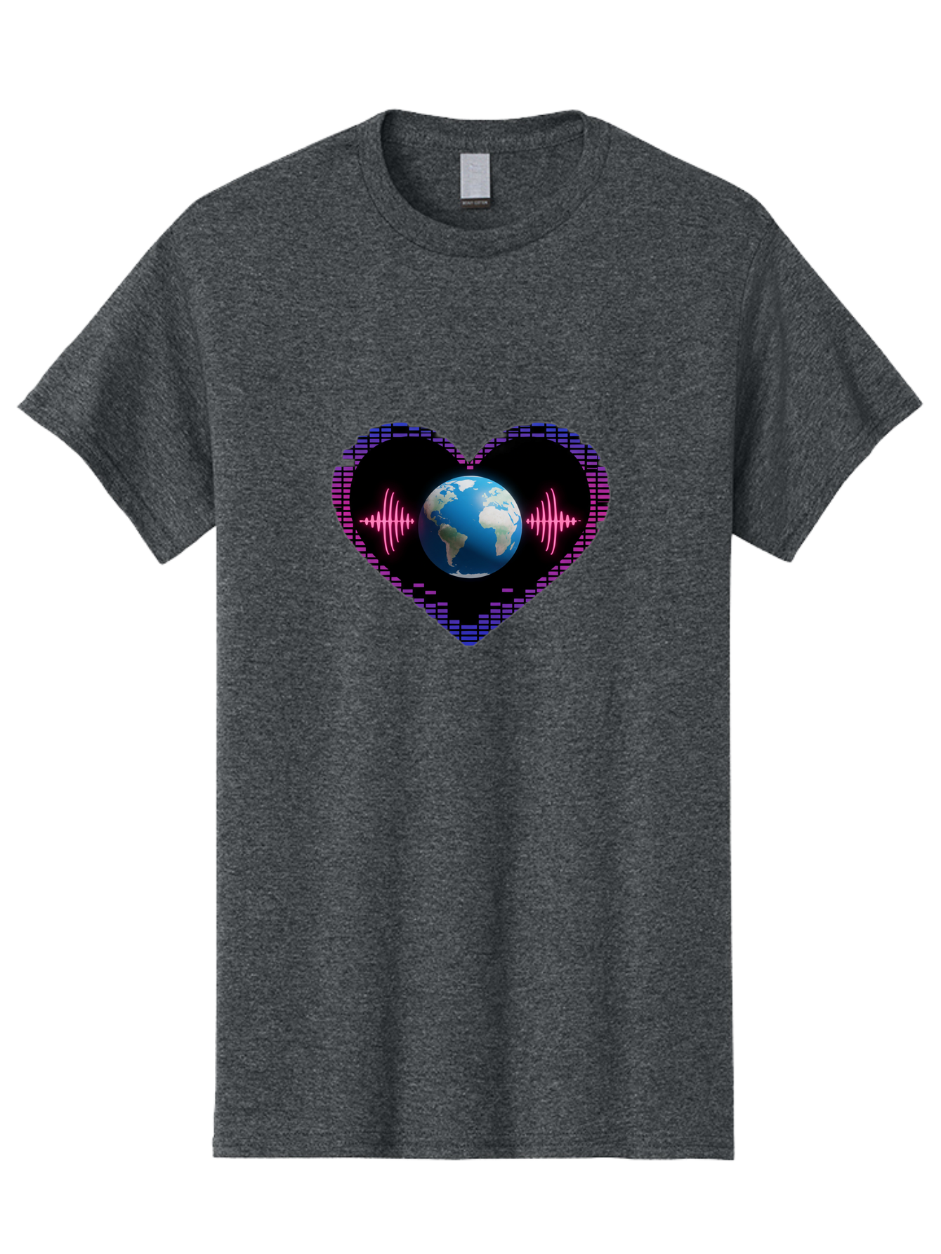 Globe-Heartbeat Men'S Graphic Tee, 100% Cotton, Comfortable Casual Summer Wear, Machine Washable, Globe In Heart Shape, Digital Graphic, Sound Wave, Earth Love, Global Unity, Tech Art, Futuristic Design, Pixel Art Baa751 7