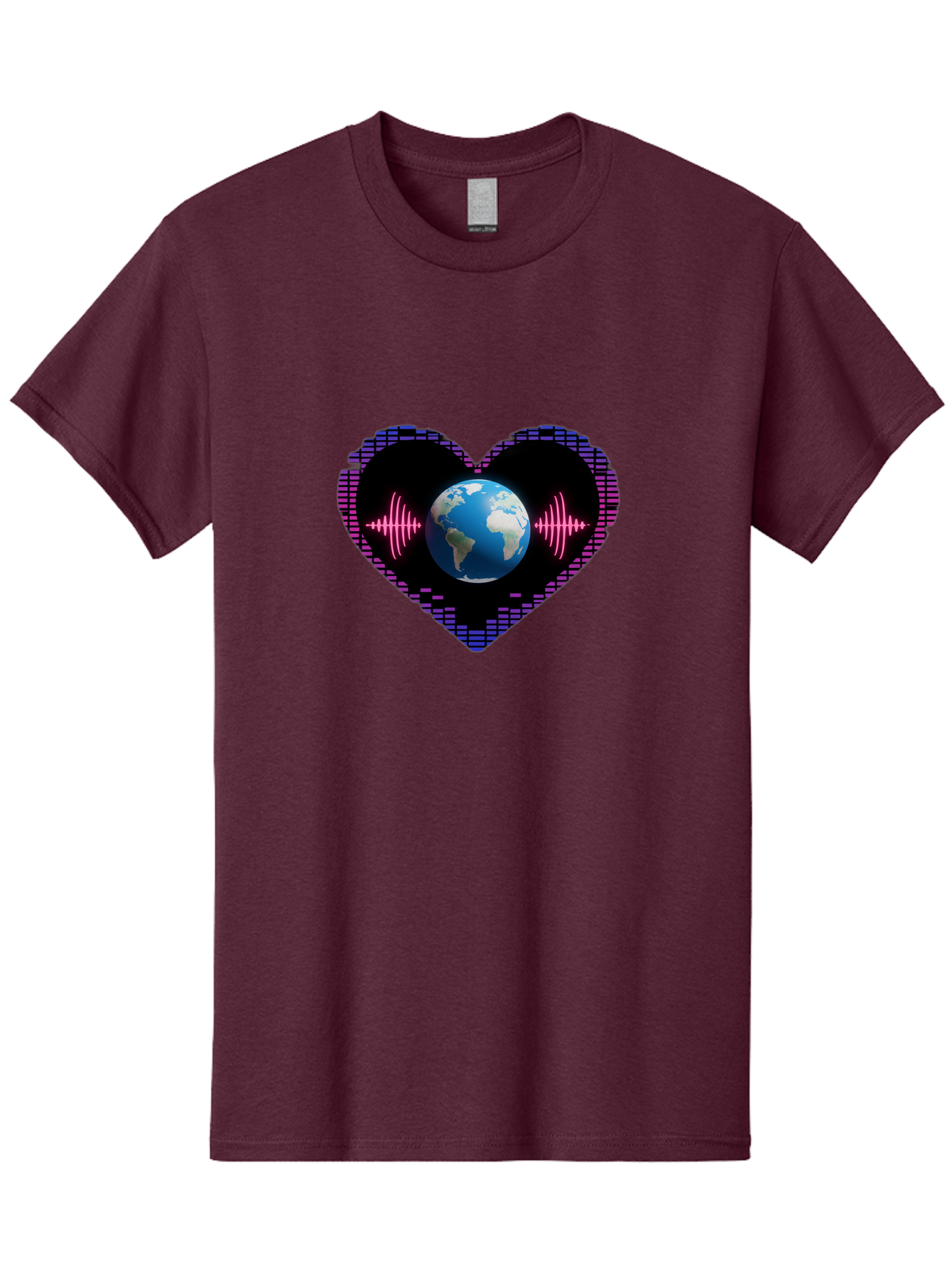 Globe-Heartbeat Men'S Graphic Tee, 100% Cotton, Comfortable Casual Summer Wear, Machine Washable, Globe In Heart Shape, Digital Graphic, Sound Wave, Earth Love, Global Unity, Tech Art, Futuristic Design, Pixel Art Baa751 11