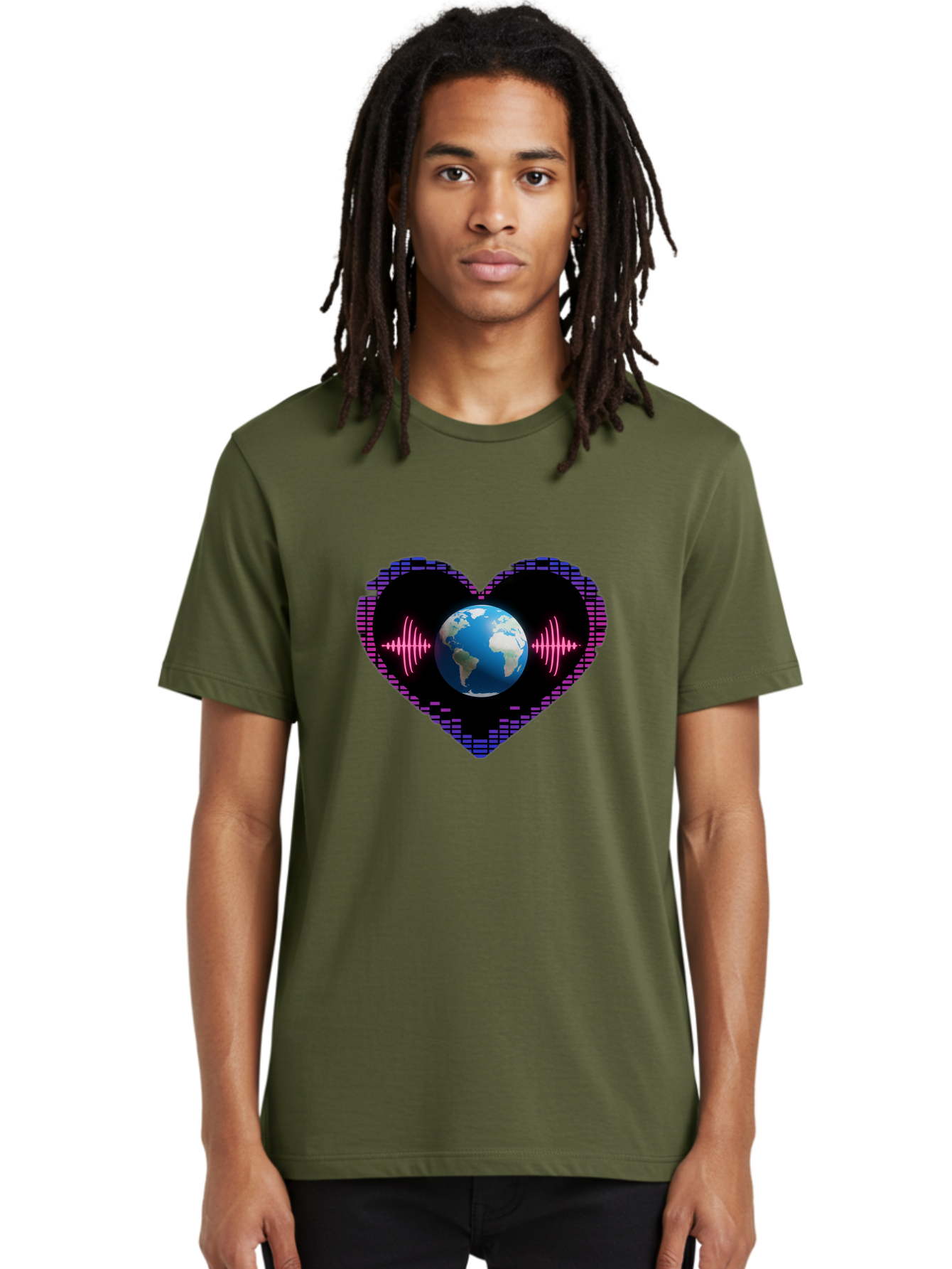 Globe-Heartbeat Men'S Graphic Tee, 100% Cotton, Comfortable Casual Summer Wear, Machine Washable, Globe In Heart Shape, Digital Graphic, Sound Wave, Earth Love, Global Unity, Tech Art, Futuristic Design, Pixel Art Baa751 30