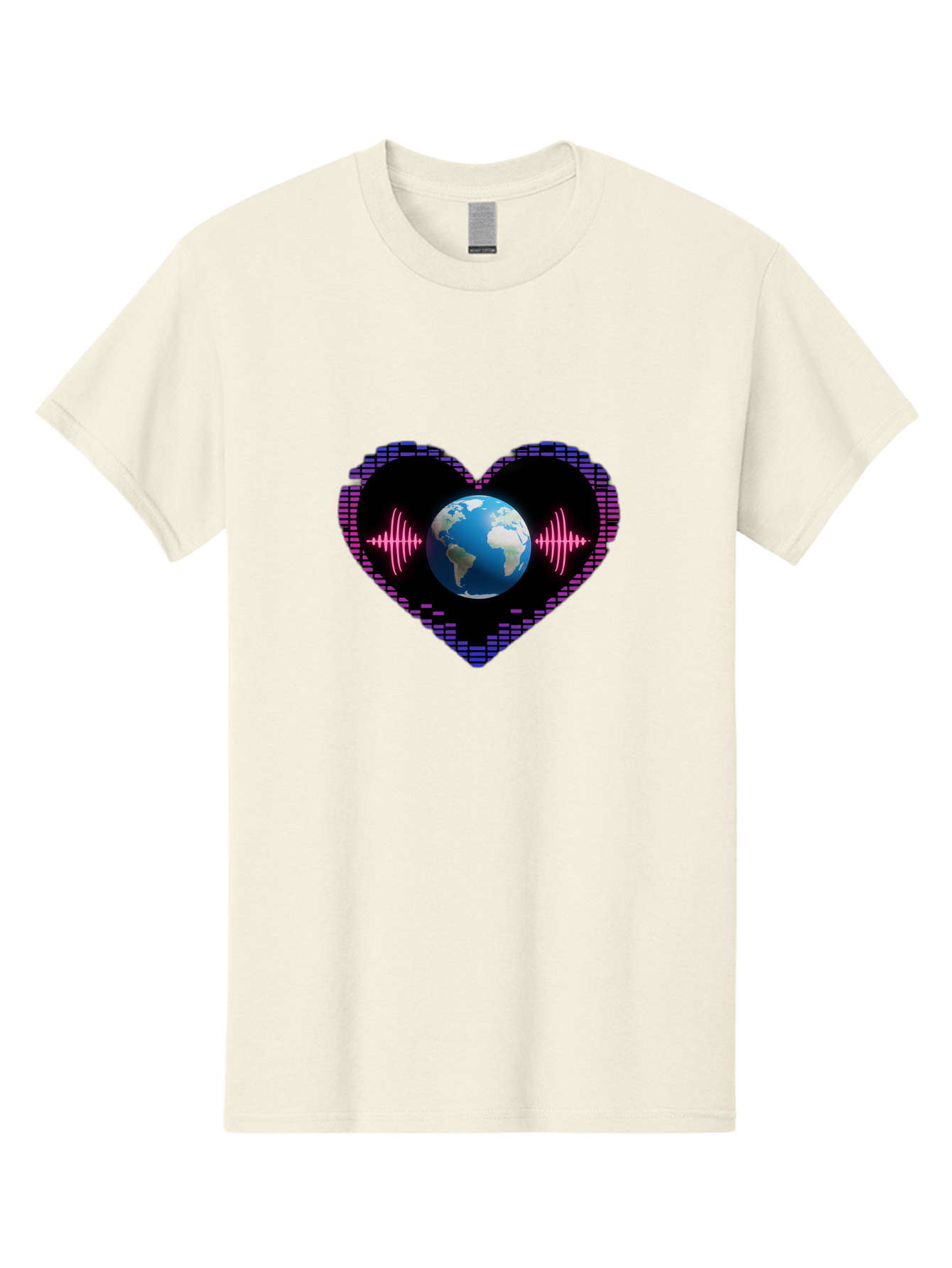 Globe-Heartbeat Men'S Graphic Tee, 100% Cotton, Comfortable Casual Summer Wear, Machine Washable, Globe In Heart Shape, Digital Graphic, Sound Wave, Earth Love, Global Unity, Tech Art, Futuristic Design, Pixel Art Baa751 3
