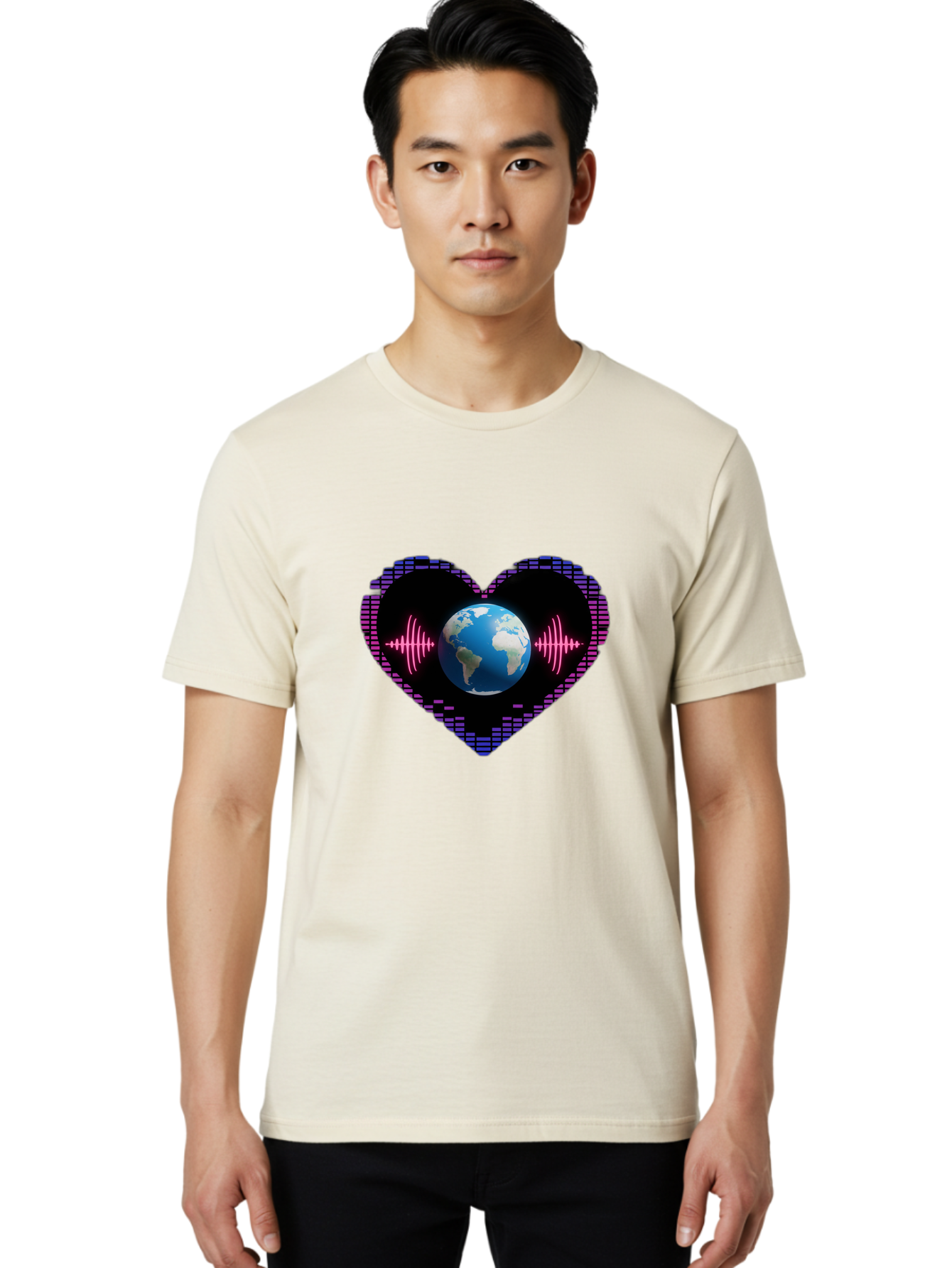 Globe-Heartbeat Men'S Graphic Tee, 100% Cotton, Comfortable Casual Summer Wear, Machine Washable, Globe In Heart Shape, Digital Graphic, Sound Wave, Earth Love, Global Unity, Tech Art, Futuristic Design, Pixel Art Baa751 4