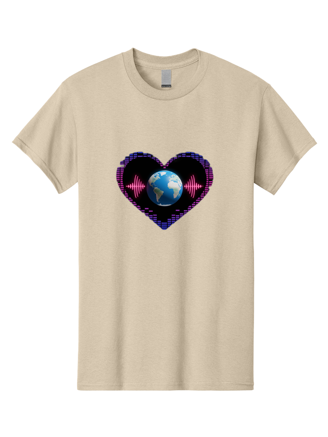 Globe-Heartbeat Men'S Graphic Tee, 100% Cotton, Comfortable Casual Summer Wear, Machine Washable, Globe In Heart Shape, Digital Graphic, Sound Wave, Earth Love, Global Unity, Tech Art, Futuristic Design, Pixel Art Baa751 15