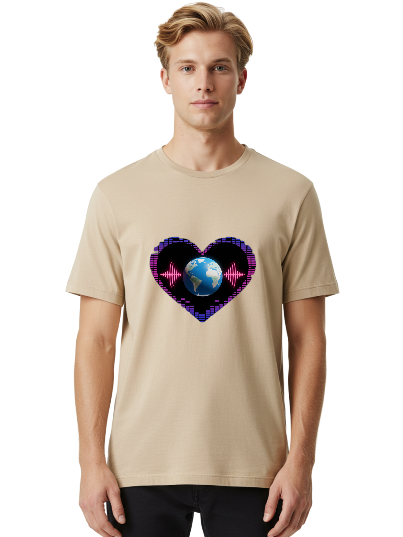 Globe-Heartbeat Men'S Graphic Tee, 100% Cotton, Comfortable Casual Summer Wear, Machine Washable, Globe In Heart Shape, Digital Graphic, Sound Wave, Earth Love, Global Unity, Tech Art, Futuristic Design, Pixel Art Baa751 16