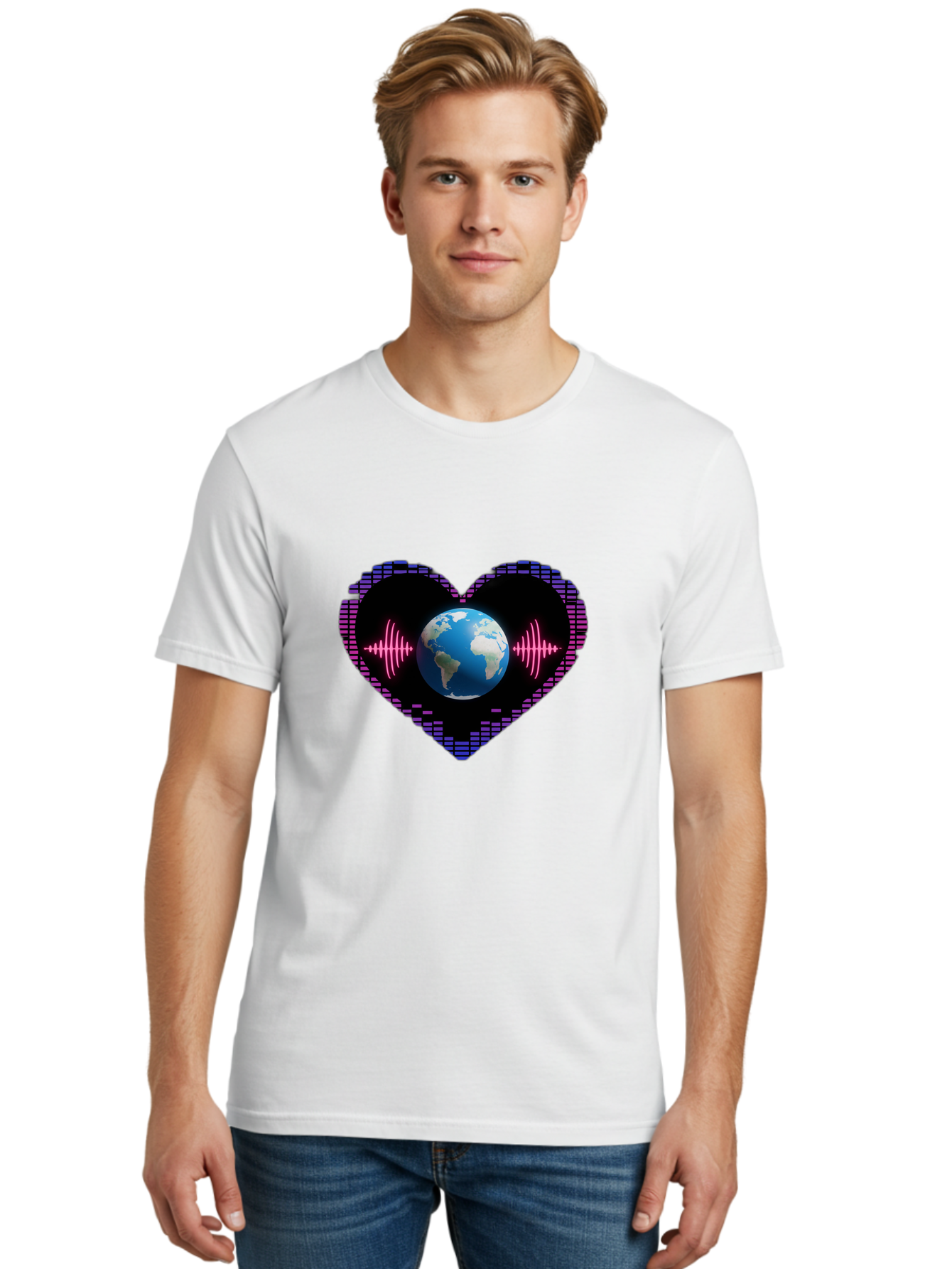 Globe-Heartbeat Men'S Graphic Tee, 100% Cotton, Comfortable Casual Summer Wear, Machine Washable, Globe In Heart Shape, Digital Graphic, Sound Wave, Earth Love, Global Unity, Tech Art, Futuristic Design, Pixel Art Baa751 20