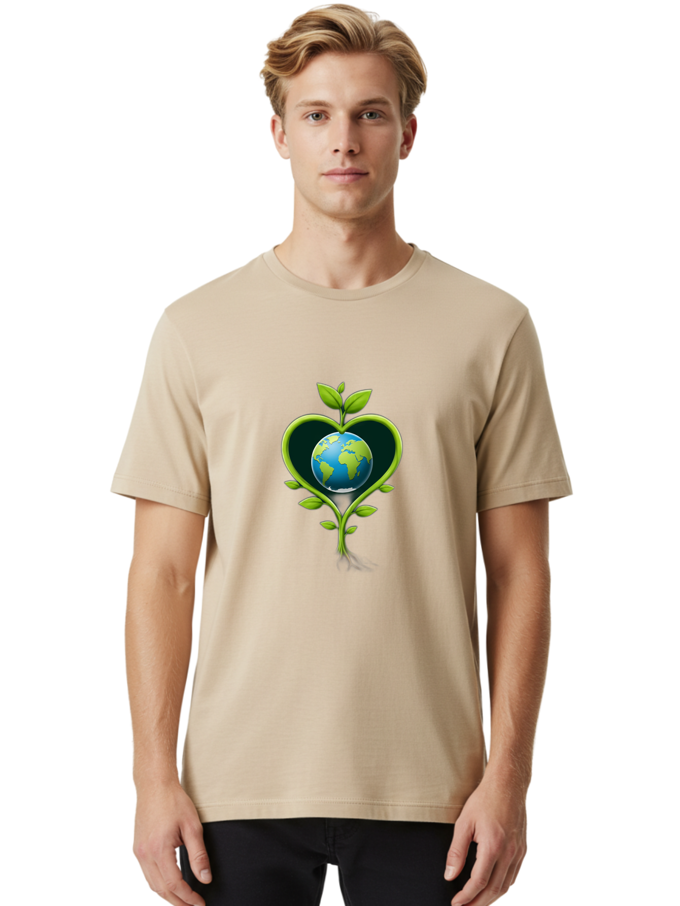 Globe-In-Heart-1 Men'S Graphic Tee, 100% Cotton, Comfortable Casual Summer Wear, Machine Washable, Globe In Heart Shape, Love For The Planet, Eco-Friendly, Green Leaves, Environmental Conservation, Sustainable Living, Earth Care, Heartwarming, Baa752 24