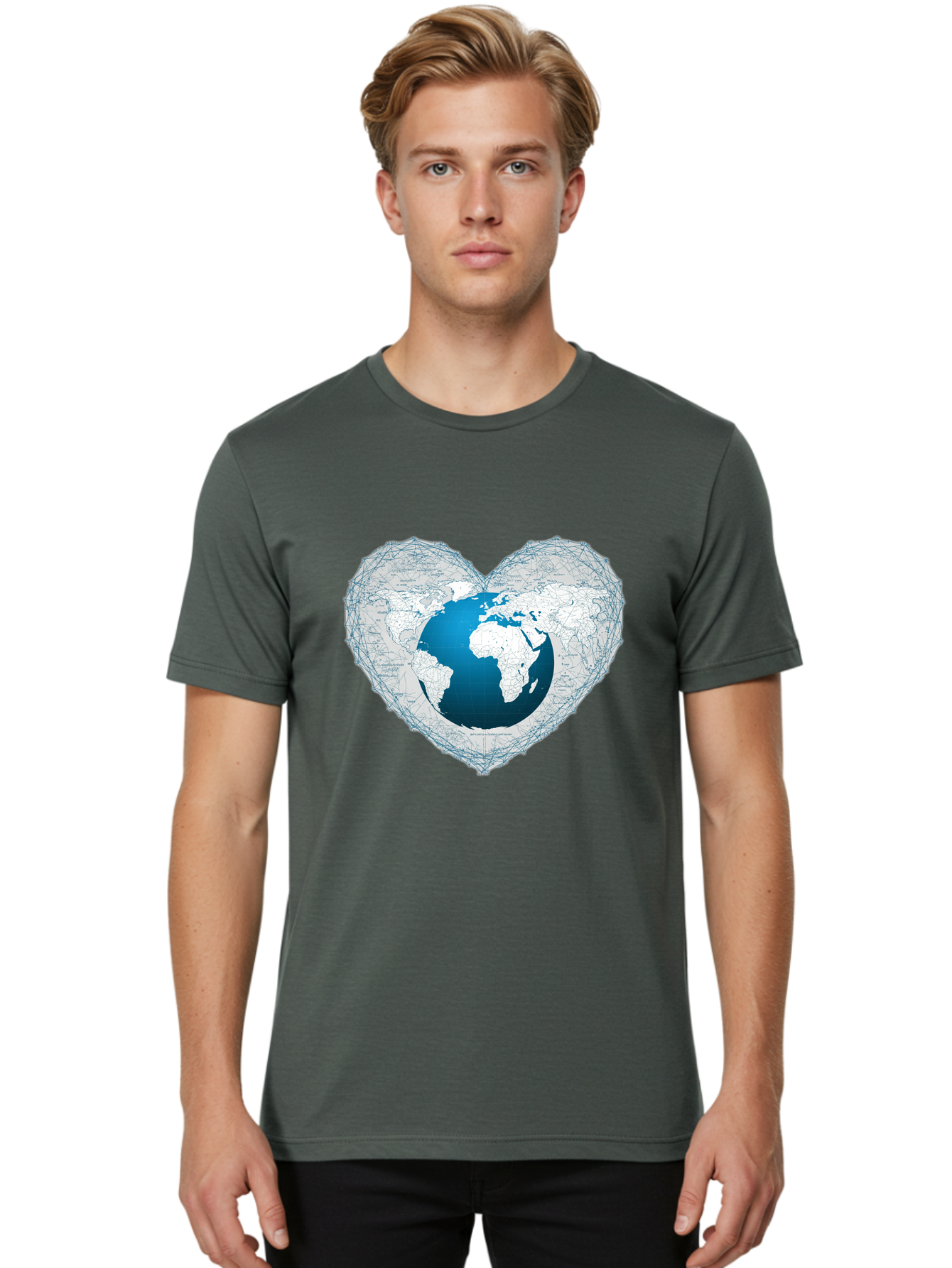 Globe-In-Heart-2 Men'S Graphic Tee, 100% Cotton, Comfortable Casual Summer Wear, Machine Washable, Globe In Heart Shape, World Map, Love For The Earth, Global Unity, Blue Gradient, Wireframe Design, Earth Illustration, Heart-Shaped Globe Baa753 20