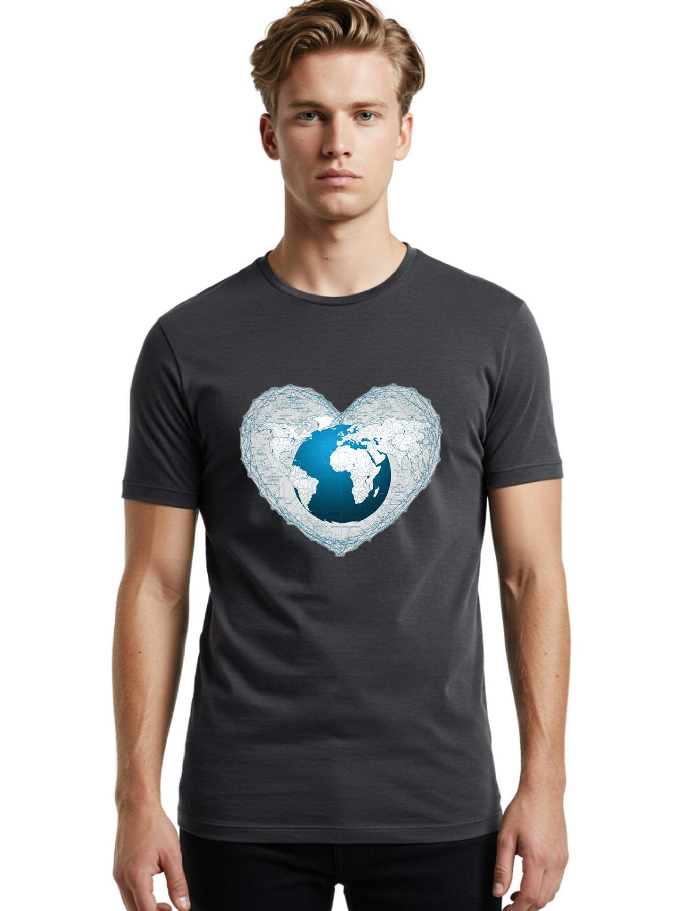 Globe-In-Heart-2 Men'S Graphic Tee, 100% Cotton, Comfortable Casual Summer Wear, Machine Washable, Globe In Heart Shape, World Map, Love For The Earth, Global Unity, Blue Gradient, Wireframe Design, Earth Illustration, Heart-Shaped Globe Baa753 16