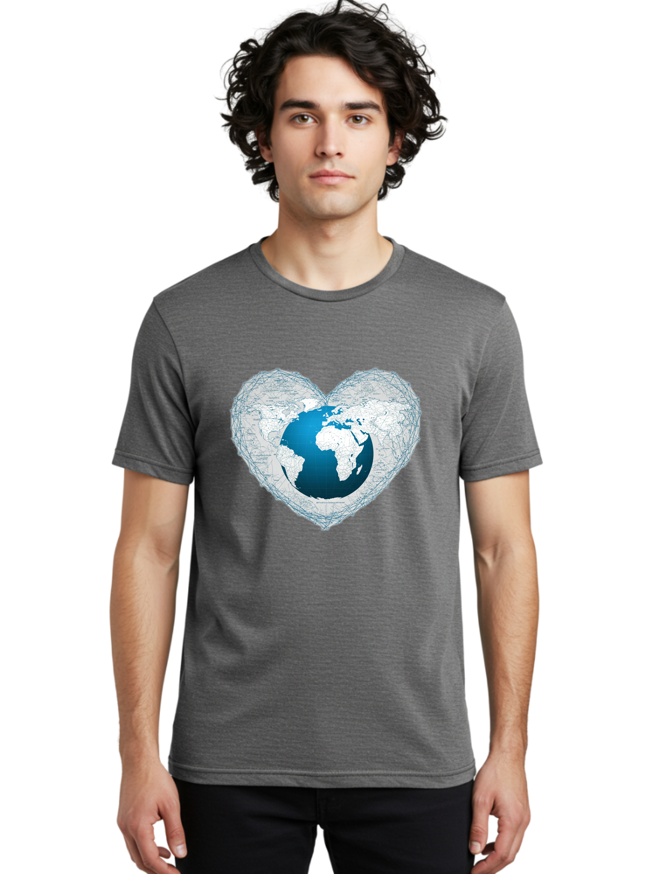 Globe-In-Heart-2 Men'S Graphic Tee, 100% Cotton, Comfortable Casual Summer Wear, Machine Washable, Globe In Heart Shape, World Map, Love For The Earth, Global Unity, Blue Gradient, Wireframe Design, Earth Illustration, Heart-Shaped Globe Baa753 18