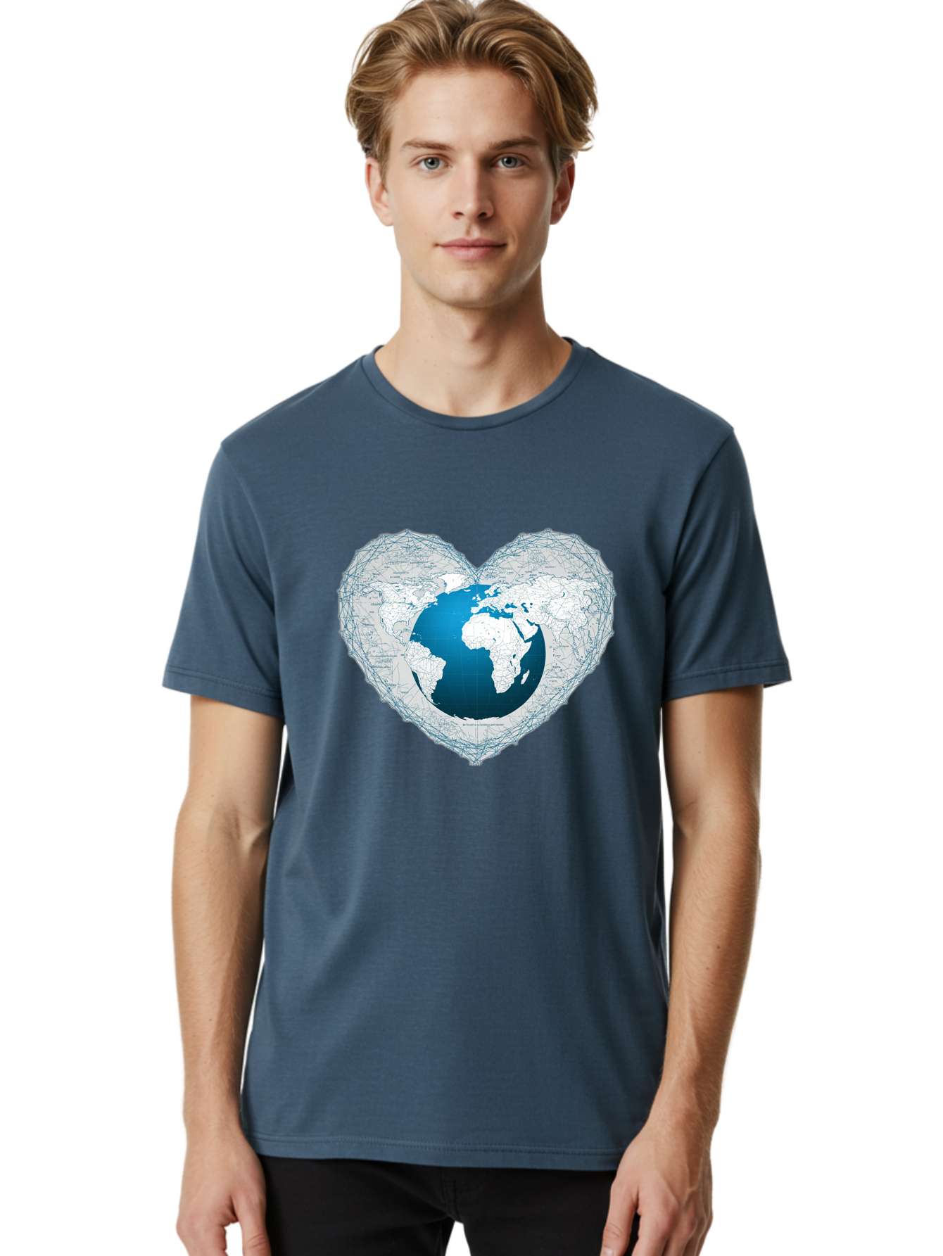 Globe-In-Heart-2 Men'S Graphic Tee, 100% Cotton, Comfortable Casual Summer Wear, Machine Washable, Globe In Heart Shape, World Map, Love For The Earth, Global Unity, Blue Gradient, Wireframe Design, Earth Illustration, Heart-Shaped Globe Baa753 30