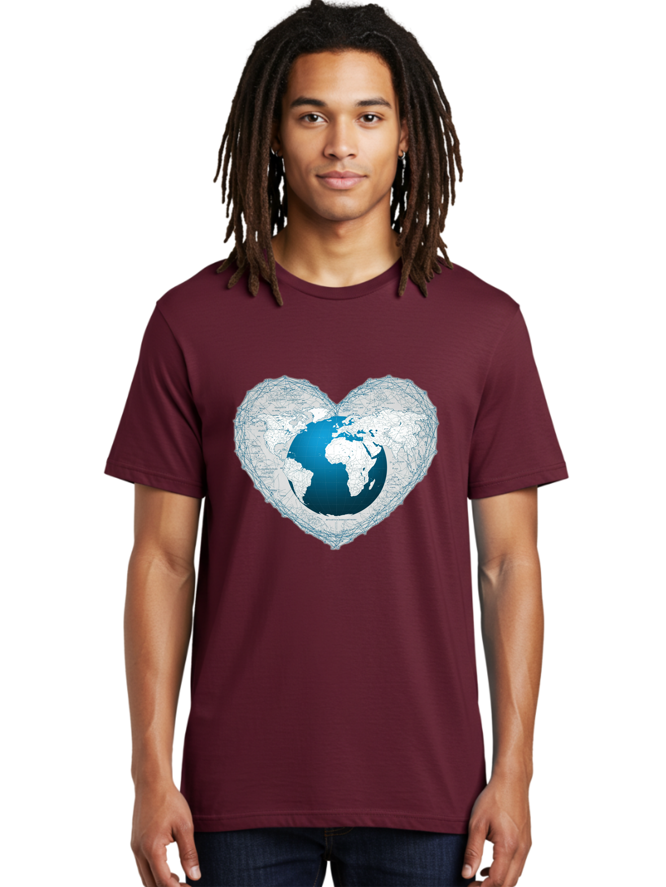 Globe-In-Heart-2 Men'S Graphic Tee, 100% Cotton, Comfortable Casual Summer Wear, Machine Washable, Globe In Heart Shape, World Map, Love For The Earth, Global Unity, Blue Gradient, Wireframe Design, Earth Illustration, Heart-Shaped Globe Baa753 22