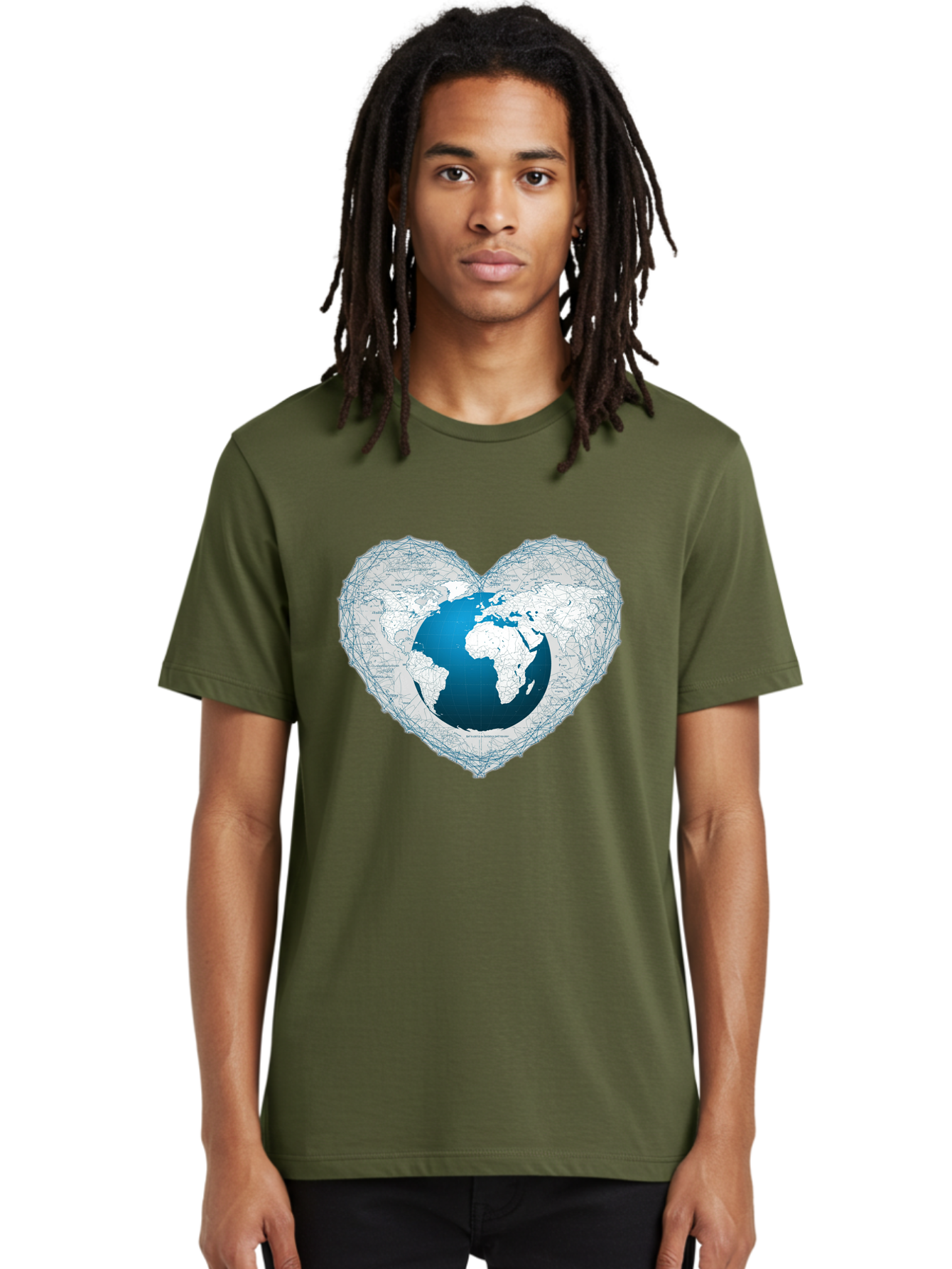 Globe-In-Heart-2 Men'S Graphic Tee, 100% Cotton, Comfortable Casual Summer Wear, Machine Washable, Globe In Heart Shape, World Map, Love For The Earth, Global Unity, Blue Gradient, Wireframe Design, Earth Illustration, Heart-Shaped Globe Baa753 4
